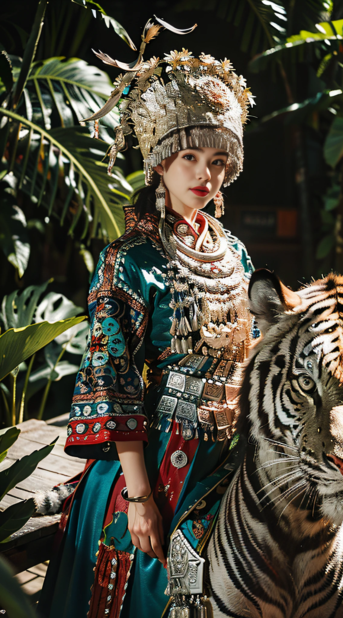 raw photo,ultra realistic,(masterpiece, 8k uhd, HDR, extremedetailed, intricate details, best quality, professional, vividcolors),
(1girl wearing costume and riding on a a white tiger inJungle),Reins,(Traditional headwear:1.2),
((Jungle scapel),looking at viewer,dutch angle,