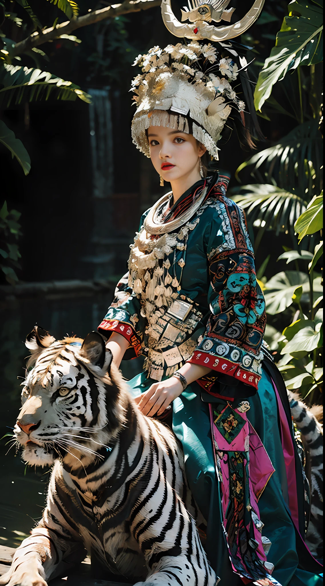 raw photo,ultra realistic,(masterpiece, 8k uhd, HDR, extremedetailed, intricate details, best quality, professional, vividcolors),
(1girl wearing costume and riding on a a white tiger inJungle),Reins,(Traditional headwear:1.2),
((Jungle scapel),looking at viewer,dutch angle,