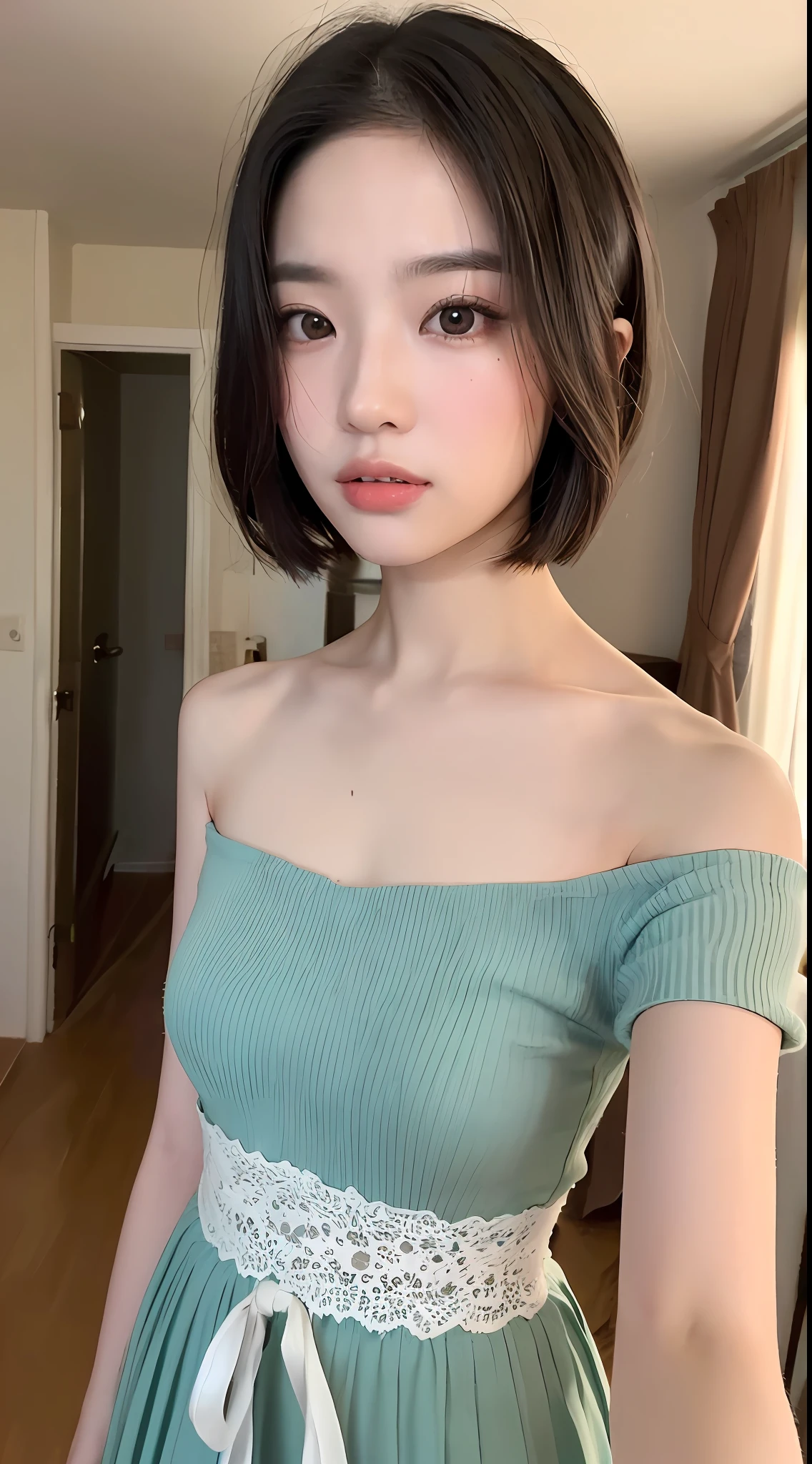((品质最佳, 8K, 巨作 :1.3)), Sharp focus :1.2, ((short shoulder length hair:1.2)), (Lolita costume:1.1 ), (inside room:1.2), Highly detailed facial and skin texture, detailed eye, Double eyelid，Close-up，selfee，