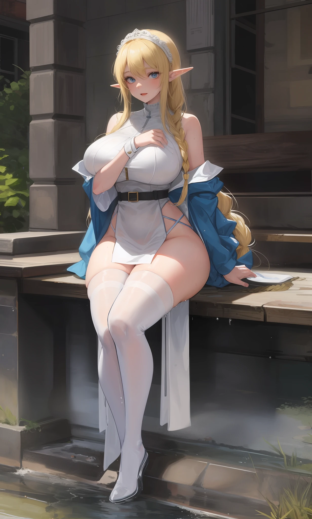 pretty female elf holy cleric, sitting, braid, wide_hips, huge_breasts, blonde_hair, sweat, white dress, voluptuous, blue_eyes, wet_clothes, wet_clothing, thighhighs, exposed_thighs,