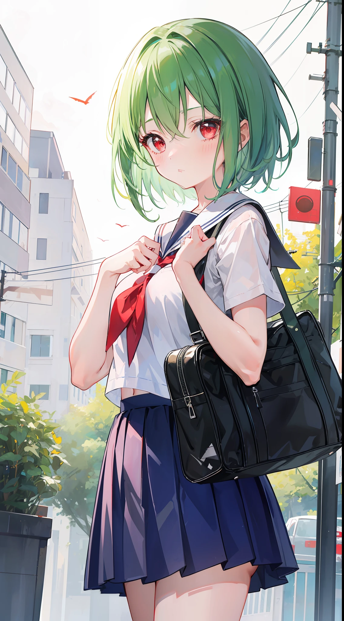 A girl, shy green hair and bright red eyes, sharp short hair, was standing at a crossroads alone, she was wearing her school uniform, her face was pretty and cute