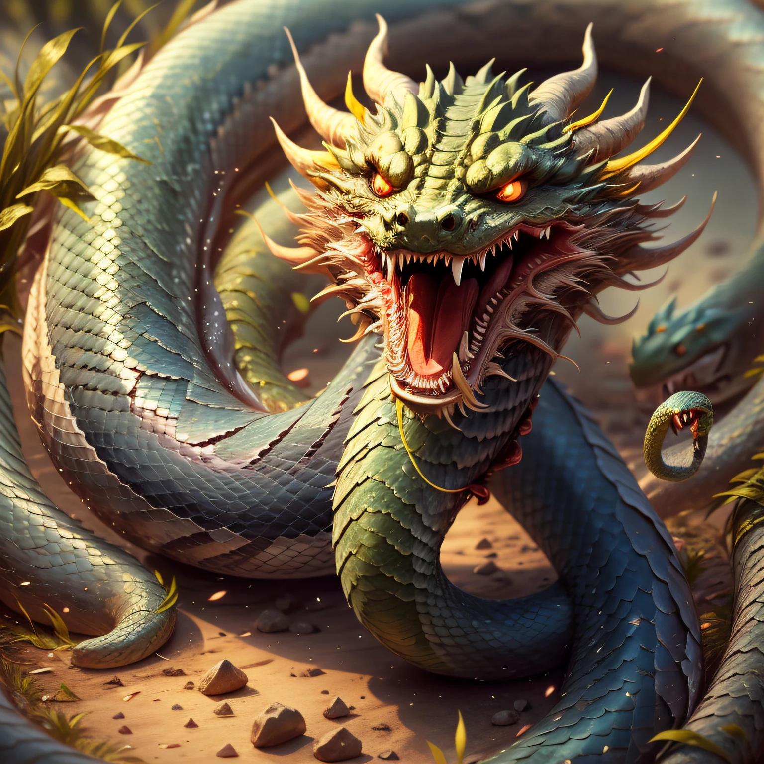 1 snake,Little green snake,Climb on the ground in a circle,Primeval forest,Refer to Cobra,1.5m,Green all over,The body is slender,style of anime,Detail,Vision,Chinese wind