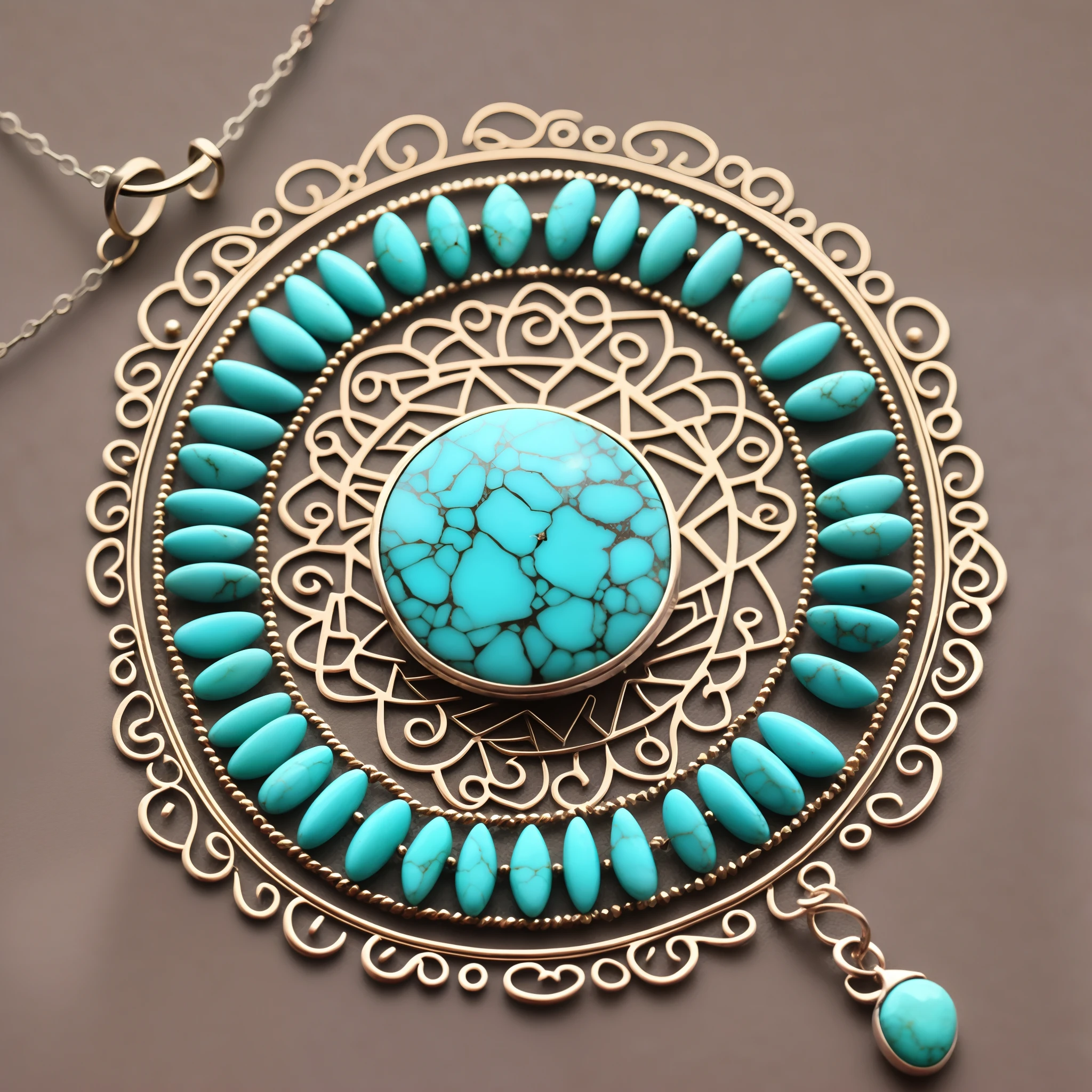 Design a minimalist turquoise necklace，There is a hummingbird on top of the center stone