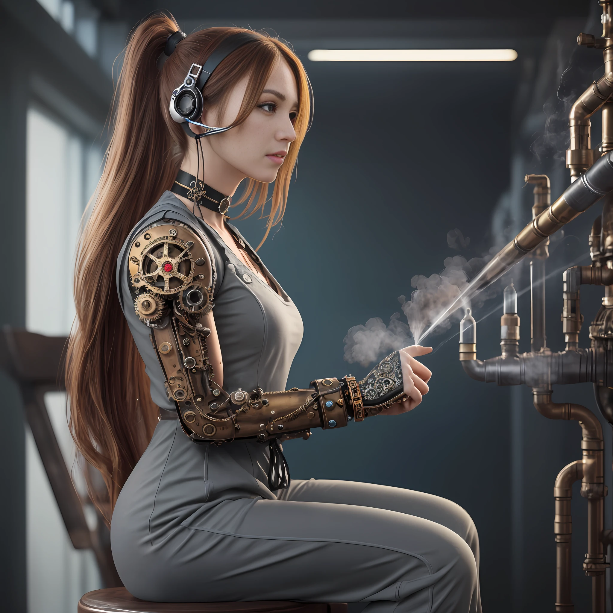 (photo, photorealistic:1.37), one girl, full body, sitting on a chair, shot from side, profile, slow motion, female steampunk engineer, (wearing a gray jumpsuit with steampunk details:1.2),(ornately decorated intercom headset:1.3), (ornately decorated choker), (insanely detailed steampunk, bloom:1.5), (detailed pupils:1.1), detailed face and green eyes, Masterpiece, best quality, (highly detailed photo:1.1), (long ginger Hair, ponytail,ecstatic:1.1), (young woman:1.1), sharp, (perfect body:1.1), realistic, real shadow, 3d, (steampunk workshop interior filled with lots of steam pipes background:1.2), photographed by Canan EOS R6, 135mm, 1/1250s, f/2.8, ISO 400