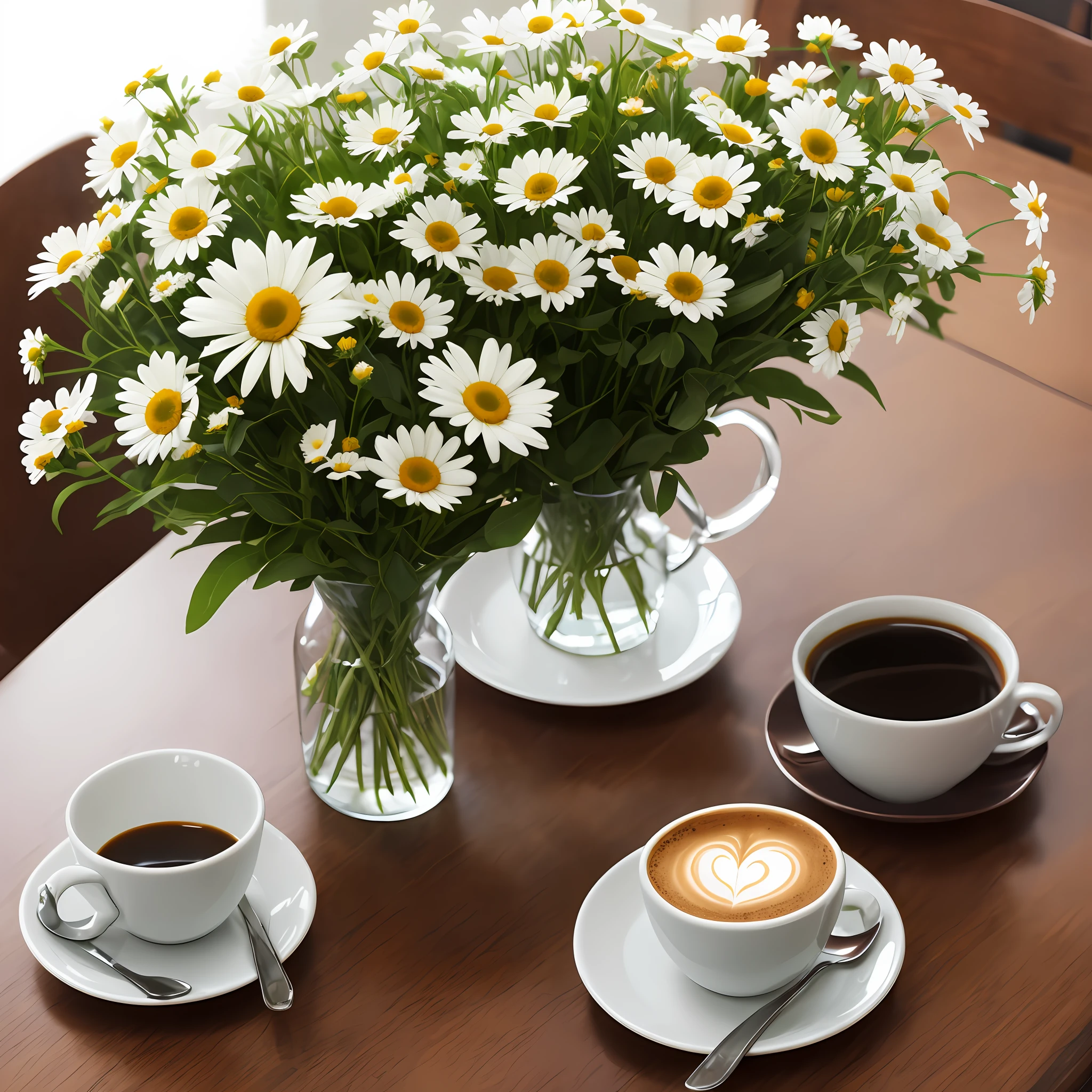 A cup of coffee is on the table. Next to a bouquet of daisies