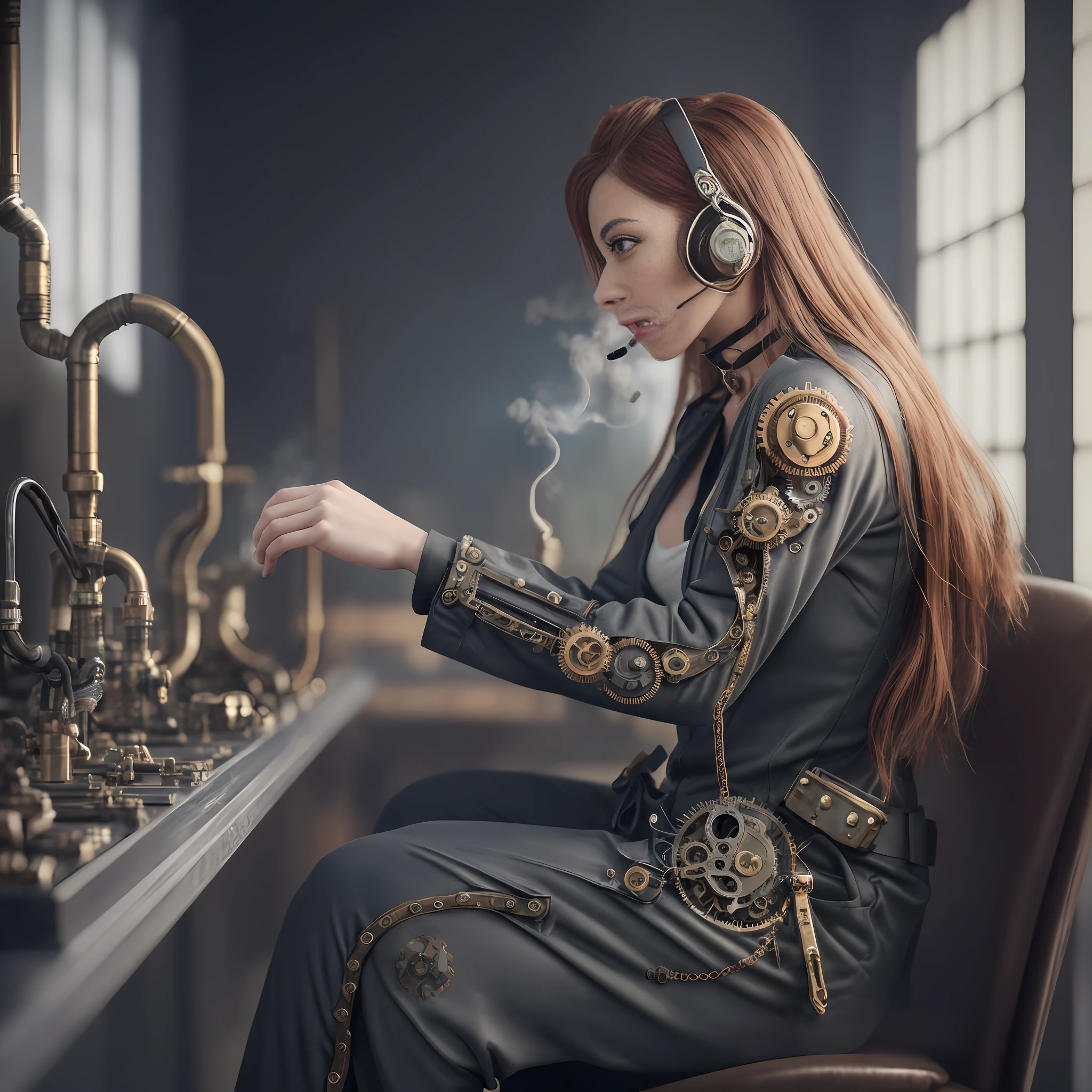 (photo, photorealistic:1.37), one girl, full body, sitting on a chair, shot from side, profile, slow motion, female steampunk engineer, (wearing a gray jumpsuit with steampunk details:1.2),(ornately decorated intercom headset:1.3), (ornately decorated choker), (insanely detailed steampunk, bloom:1.5), (detailed pupils:1.1), detailed face and green eyes, Masterpiece, best quality, (highly detailed photo:1.1), (long ginger Hair, ponytail,ecstatic:1.1), (young woman:1.1), sharp, (perfect body:1.1), realistic, real shadow, 3d, (steampunk workshop interior filled with lots of steam pipes background:1.2), photographed by Canan EOS R6, 135mm, 1/1250s, f/2.8, ISO 400