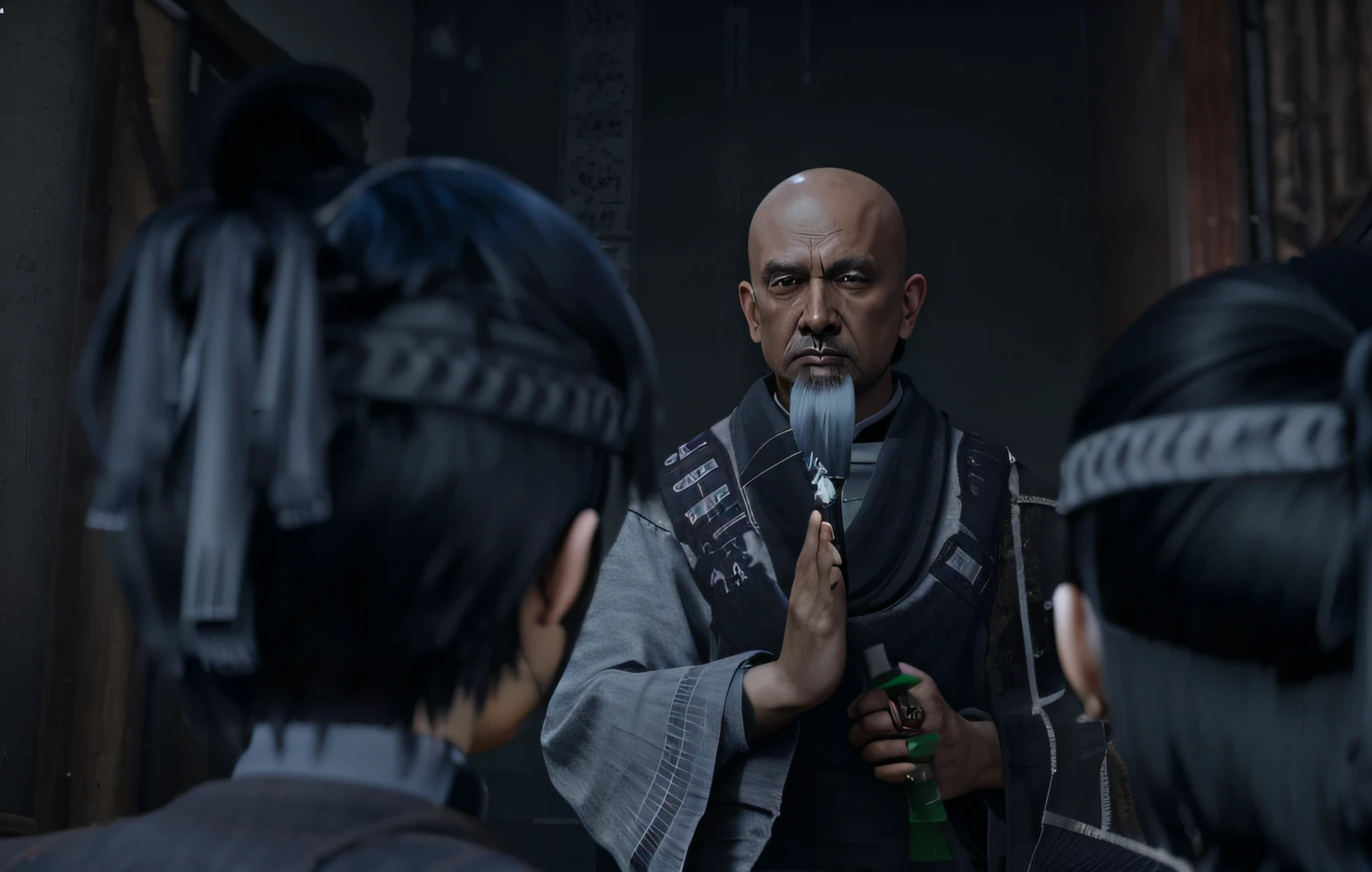 A monk，Two small children in front ,cutscene footage, video game cutscene, ghost of tsushima, ps5 cinematic screen capture, 2020 video game screenshot, cinematics, gameplay footage, cgi cutscene, in-game cinematic, detailed cinematic shot, video game screenshot, video game screenshot>, detailed cinematic render --auto
