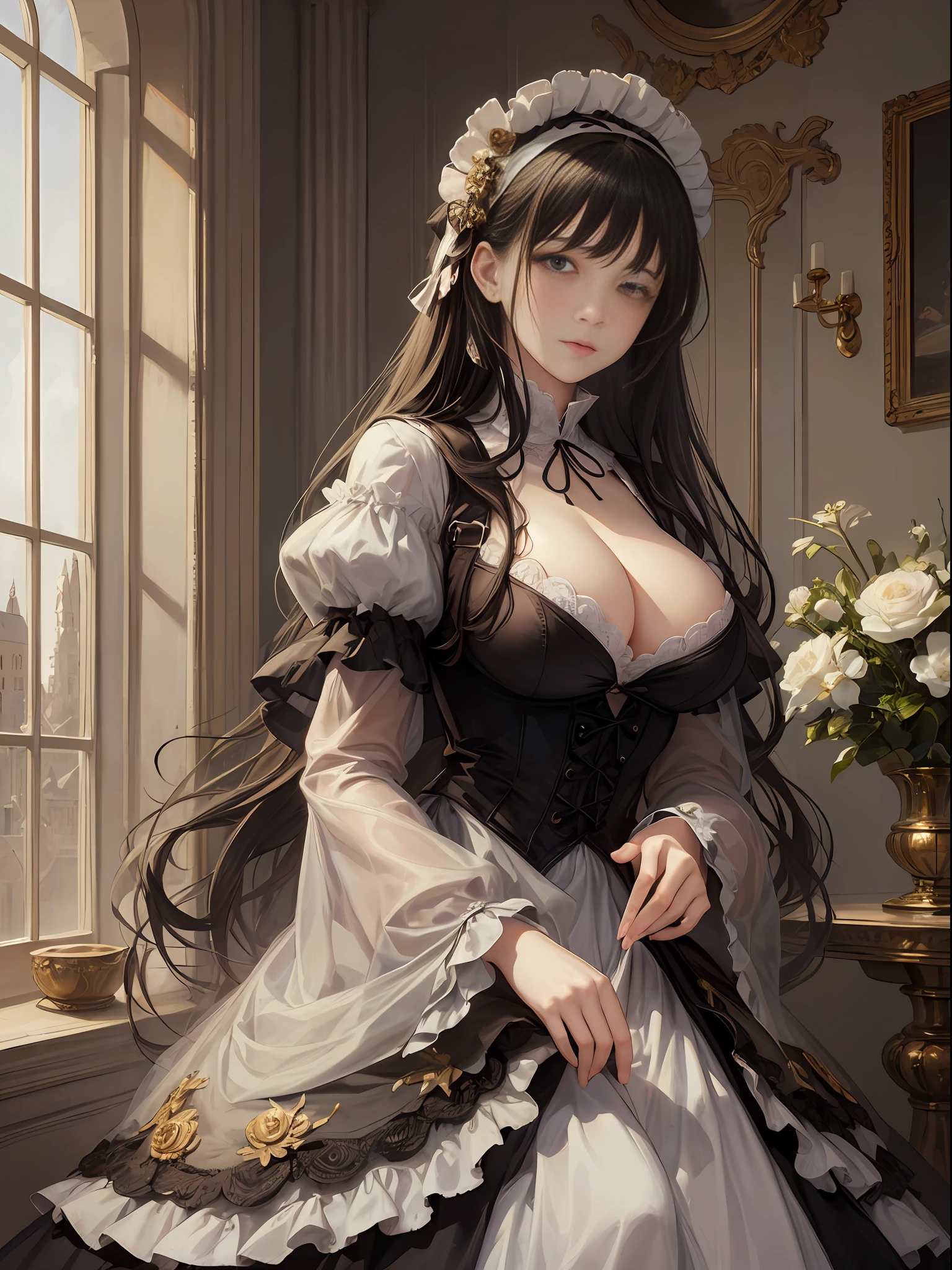 (Pure Color: 0.9), (Color: 1.1), (Masterpiece: 1,2), Best Quality, Masterpiece, High Resolution, Original, Highly Detailed Wallpaper, Beauty, Beauty, Victorian, Dress, Melancholy, Big Breasts, --auto --s2