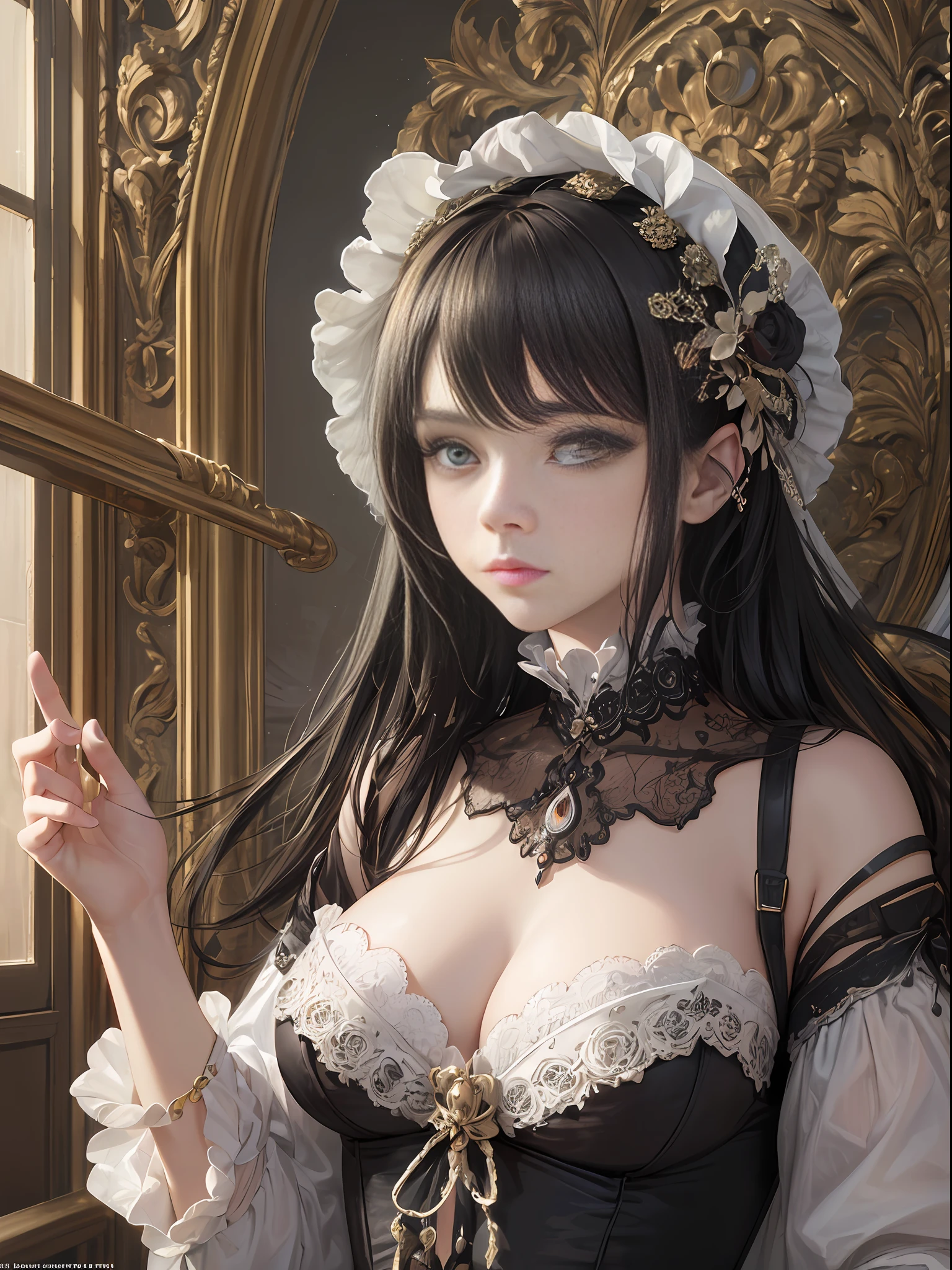 (Pure Color: 0.9), (Color: 1.1), (Masterpiece: 1,2), Best Quality, Masterpiece, High Resolution, Original, Highly Detailed Wallpaper, Beauty, Beauty, Victorian, Dress, Melancholy, , --auto --s2