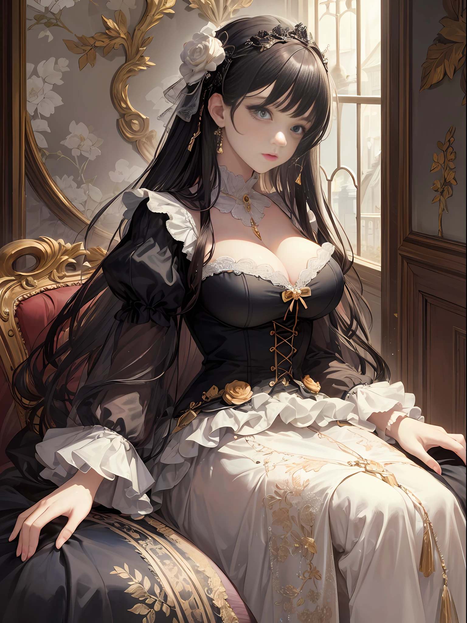 (Pure Color: 0.9), (Color: 1.1), (Masterpiece: 1,2), Best Quality, Masterpiece, High Resolution, Original, Highly Detailed Wallpaper, Beauty, Beauty, Victorian, Dress, Melancholy, Big Breasts, --auto --s2