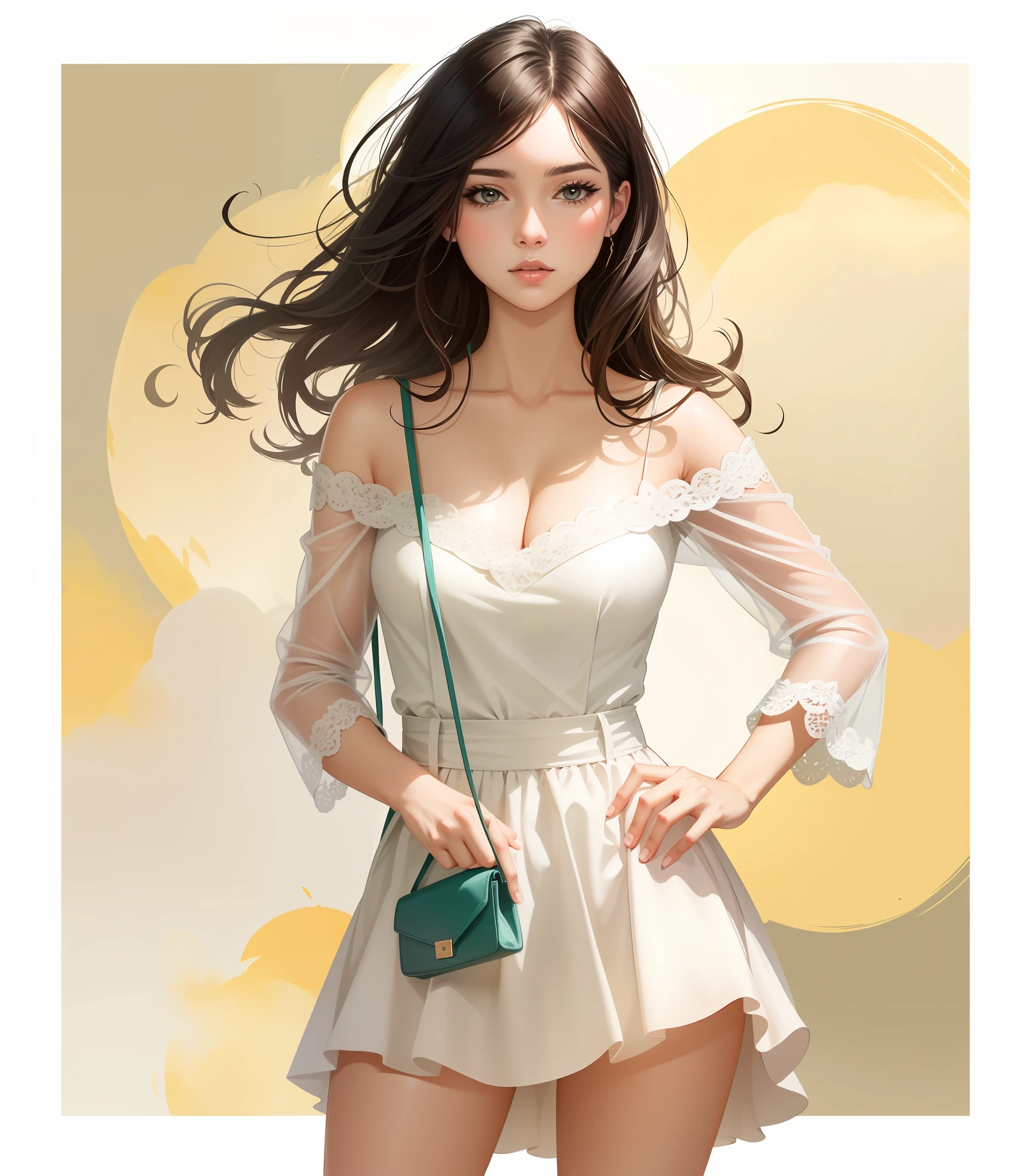 there is a woman that is standing with a purse, trending on artstration, No estilo de arte Bowater, in style of digital illustration, estilo de desenho, detailed fashion illustration, Totalmente vestido. Pintura sexy, arte digital de um elegante, Cartoon style illustration, Belo estilo de arte, estilo de arte impressionante, Estilo de desenho bonito, em estilo de pintura digital