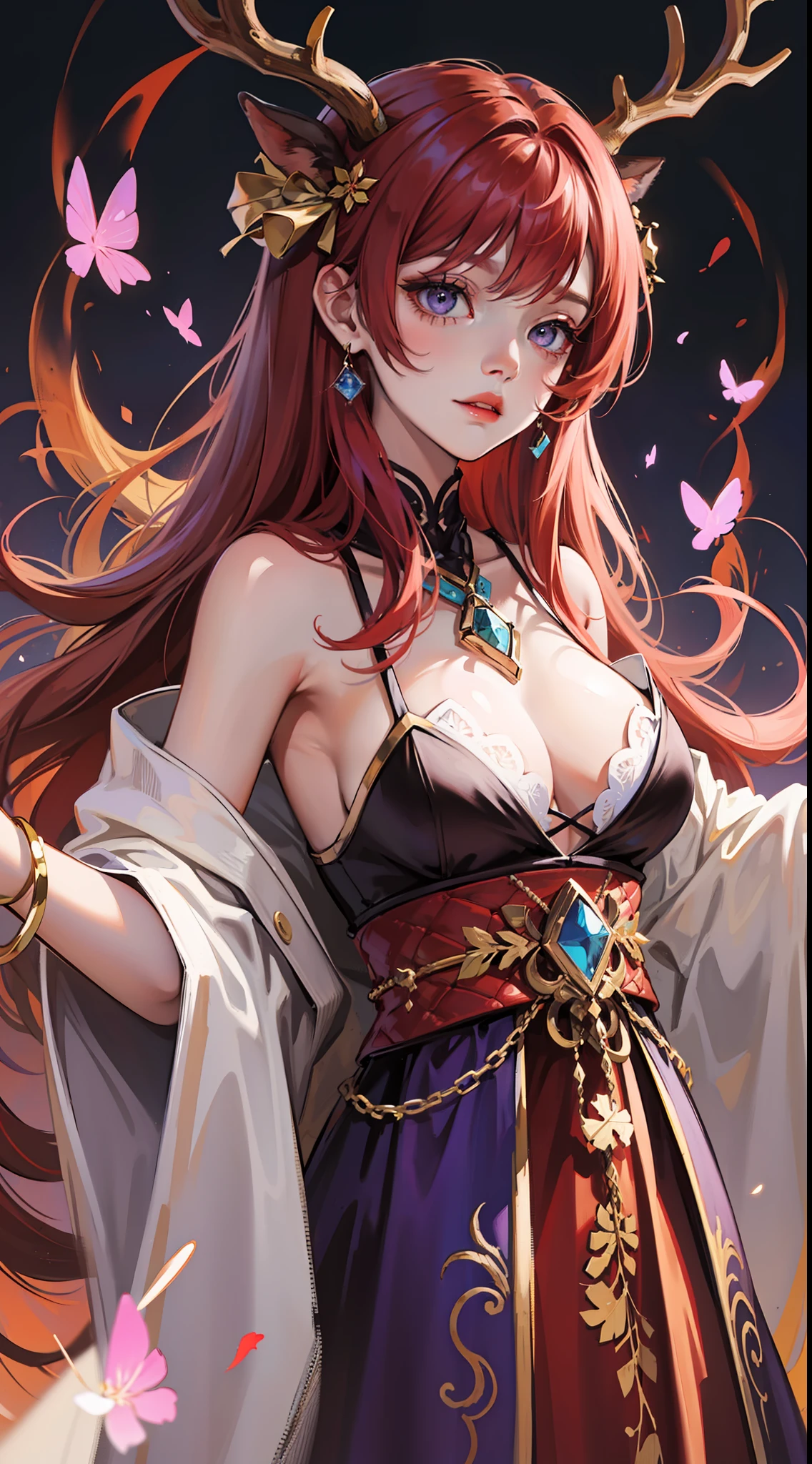 Adult woman, Long fiery red hair with purple ends, purple colored eyes, deer antlers, Herbalist's robe, Masterpiece, hig quality