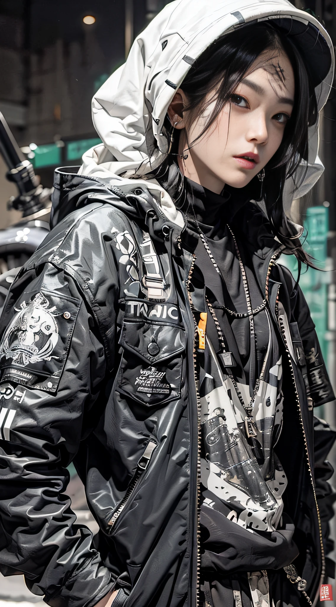 (品质最佳, 巨作)OriginalPhotographs,Fisheyes(rapper with dread hair, tattooed,mechanic arms)techwear jacket,Hood,scrolls,black and white clothes,Very detailed,Cinematic,Glow,ultrasharp,Particle