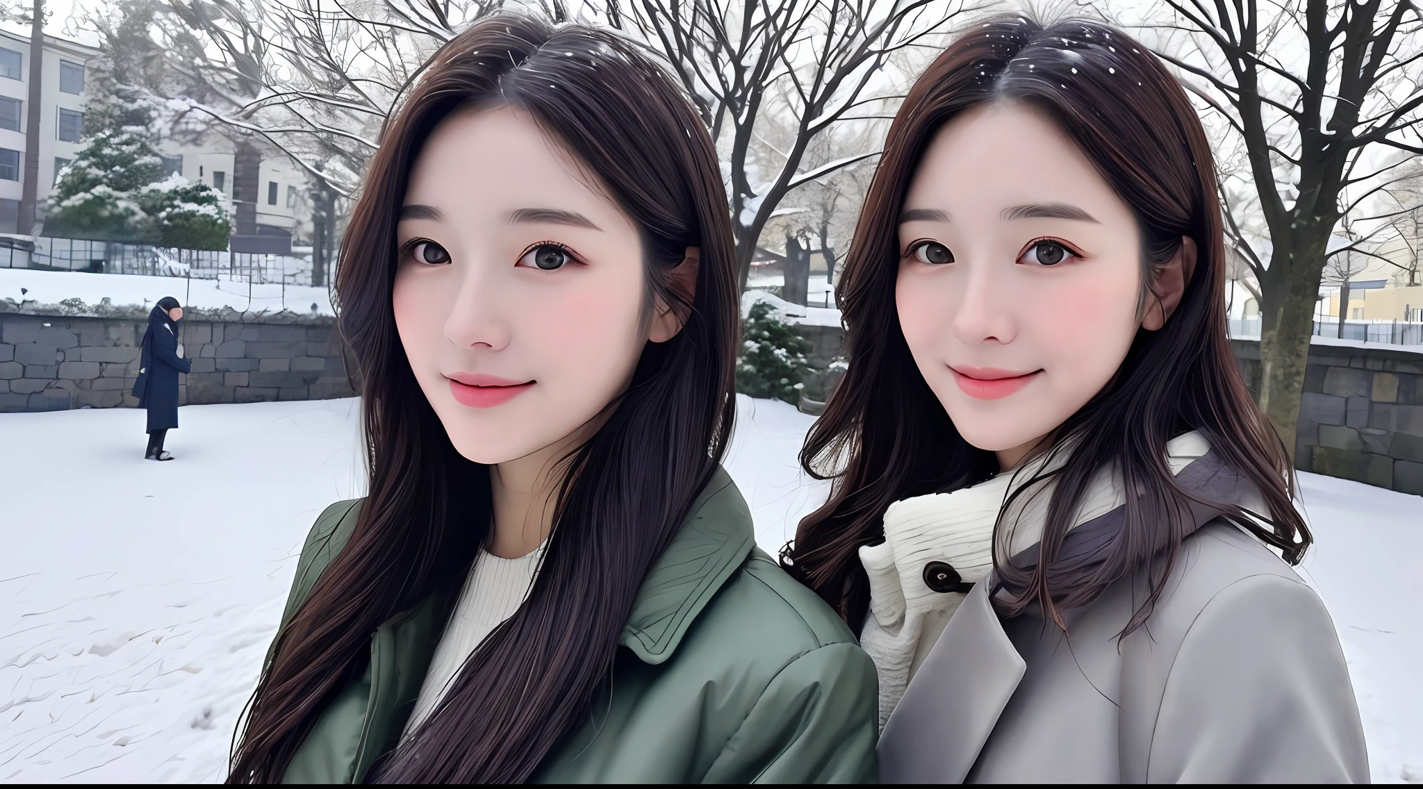 realistic photos of (1 cute Korean star) Shoulder-length hair, thin makeup, medium breasts size, wearing coat, in the snow, clear facial features, 8K high resolution, sharp and realistic details.from outside, Eye-Level Shot, f/4.0, 135mm, Fujifilm, jpeg artifacts, dithering, UHD, masterpiece