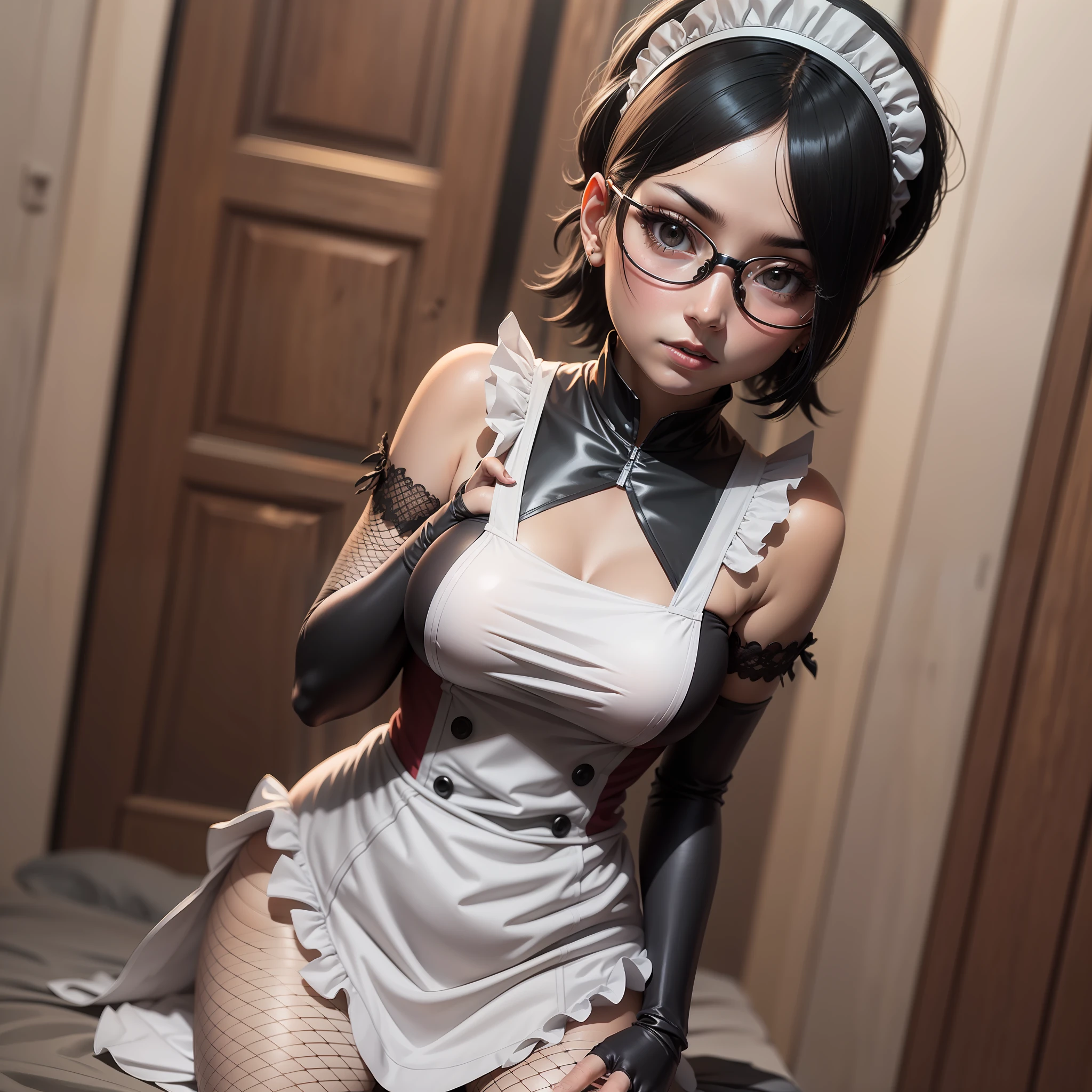 Sarada wearing black and white maid outfit , fishnets , masterpiece,  great details, 6k,  interesting pose .