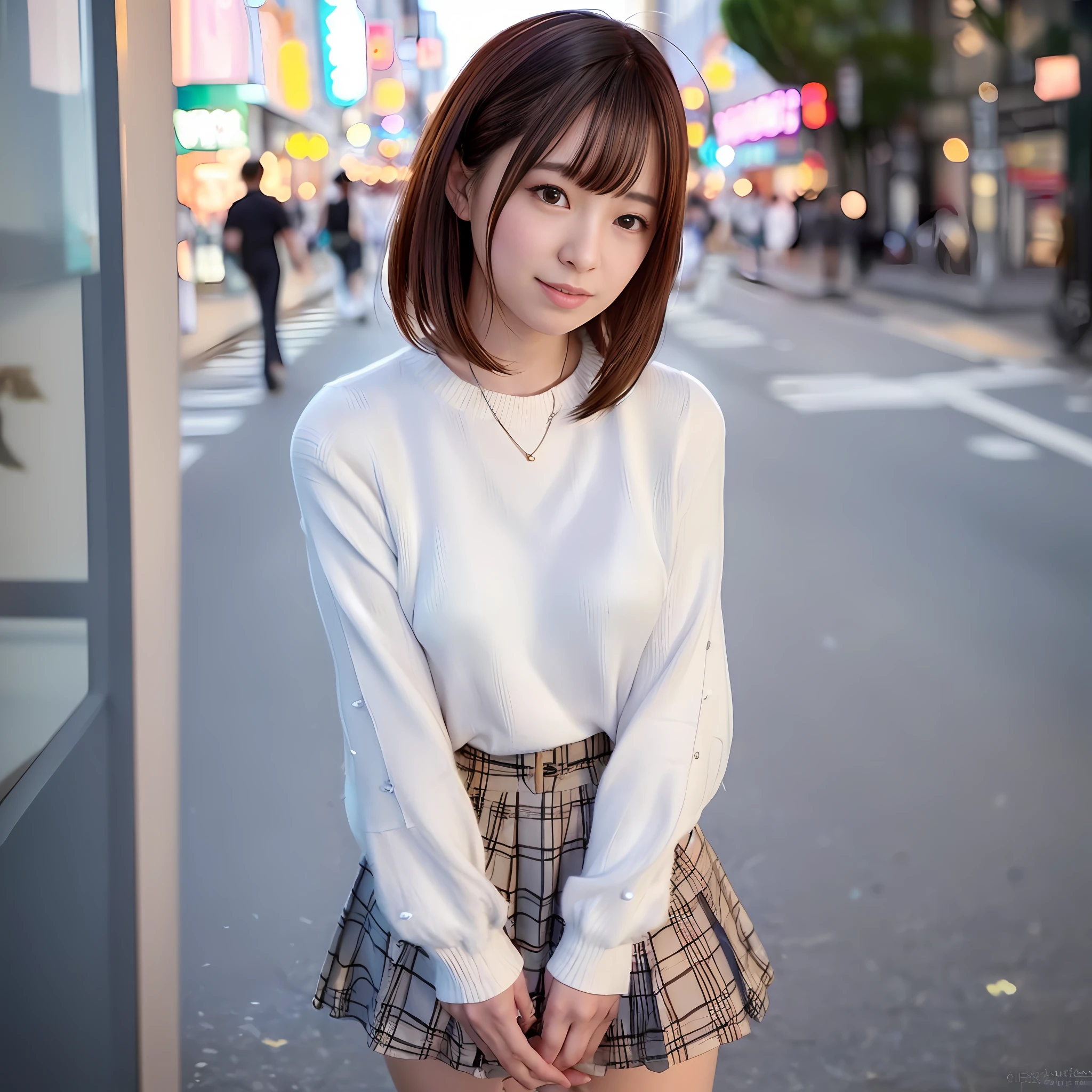 (Skin scars: 1.2), (Skin dents), Black eyes, 1 woman, 25 years old, ((((Female))), Solo, Realistic, Best Quality, Photorealistic, Masterpiece, 8K, High Resolution, Solo, Highly Detailed Face, (Professional Lighting, Bokeh), (Light Particles, Lens Flare, Luminous Particles: 0.6), (Dynamic Pose: 1.2), Soft Lighting, Angle View from Above fashionable and trendy atmosphere, Japan, street, Tokyo, city, ((daytime)), sky, ((viewer's point of view: 1)), (camera gaze), (portrait: 0.6), cowboy shot, gorgeous, standing figure, keep original facial proportions, wide shoulders, full body, (small breasts), (medium hair), brown hair, floating hair, lips, lipstick, seductive smile, floating hair, smile, open mouth (white blouse without sleeves), (jumper skirt), eyelashes, moles, (moles under the eyes: 1)