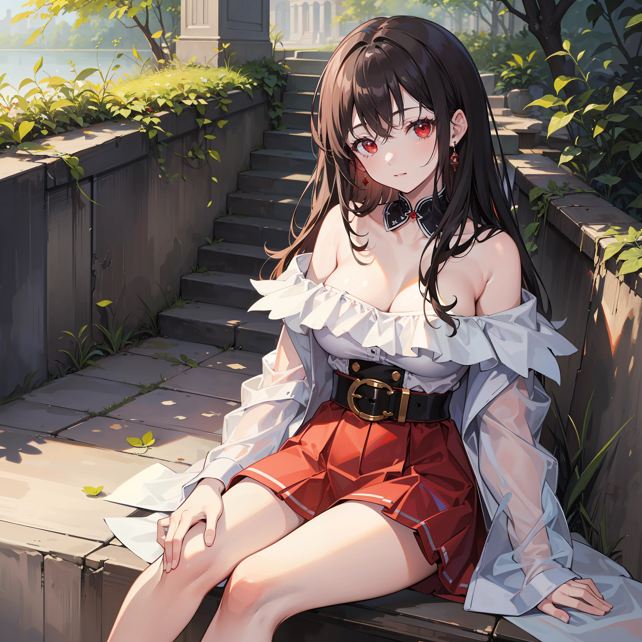 ((masterpiece)), best quality, high-resolution, beautiful, sitting, off-shoulder,(1girl),red eyes,fluffy clothes,waist clothes, dynamic pose.
