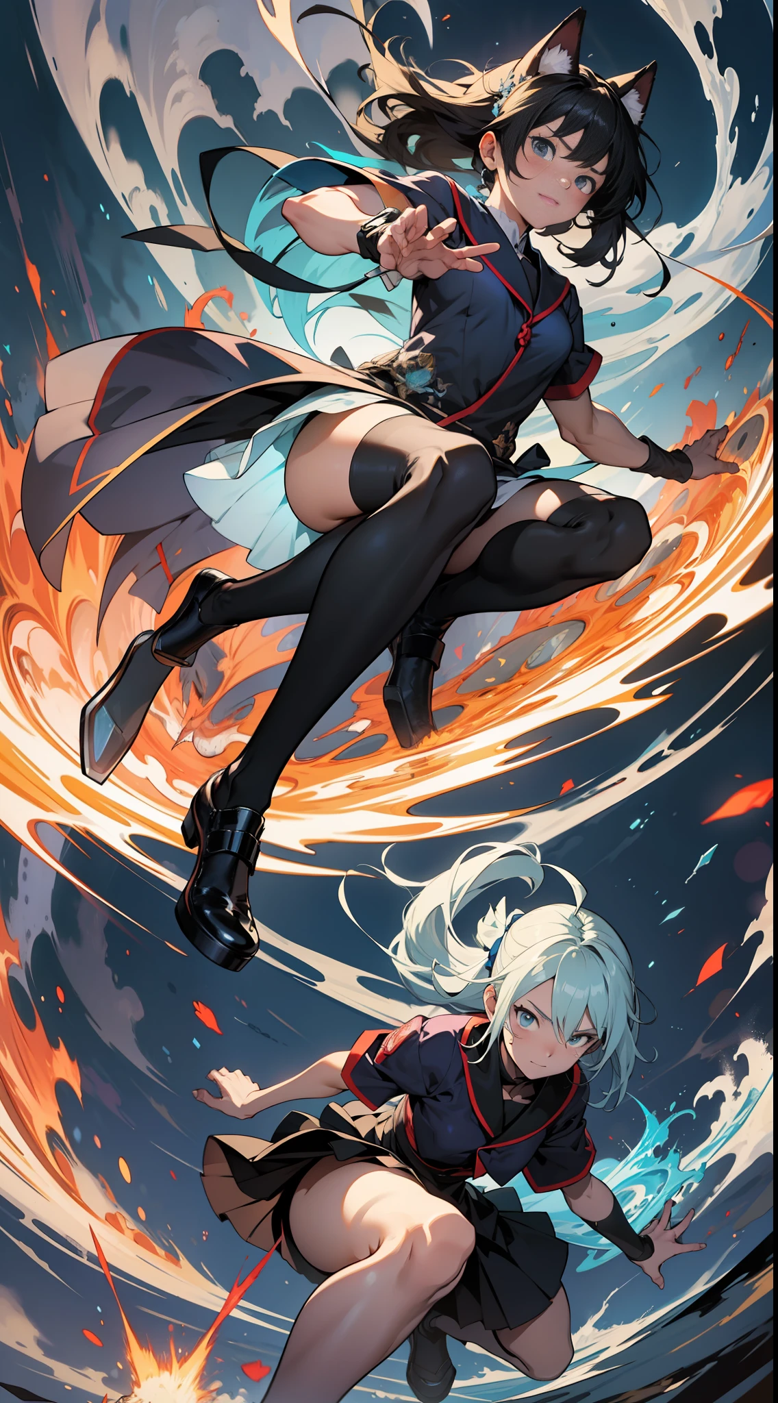 32K, 品质最佳, 巨作, Super detail, high detailes,anime women character jumping into an explosion, in the style of light black and dark azure, meticulous design, poolcore, kanō school, low bitrate, gutai group, 1st version