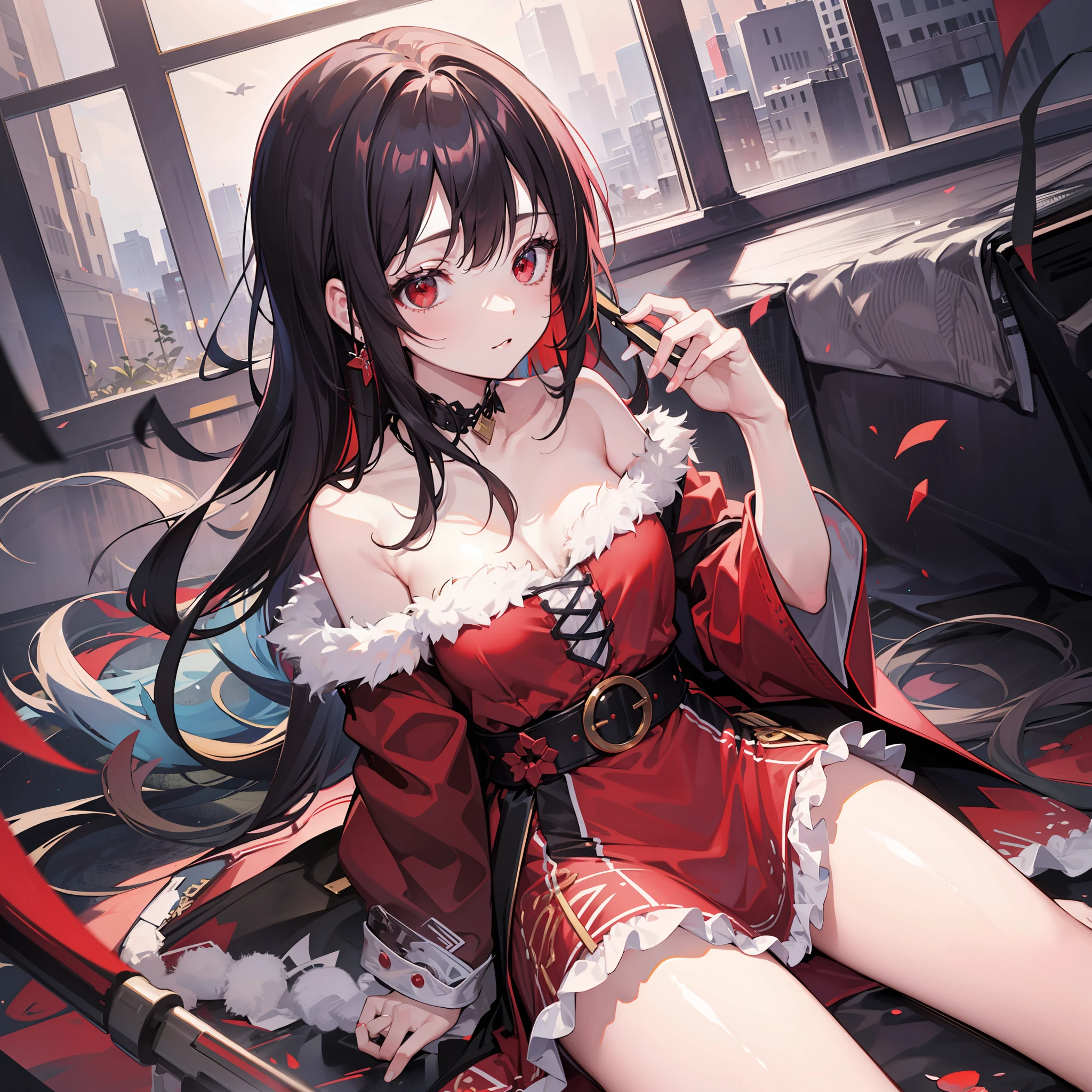 ((masterpiece)), best quality, high-resolution, beautiful, sitting, off-shoulder,(1girl),red eyes,fluffy clothes,waist clothes, dynamic pose.