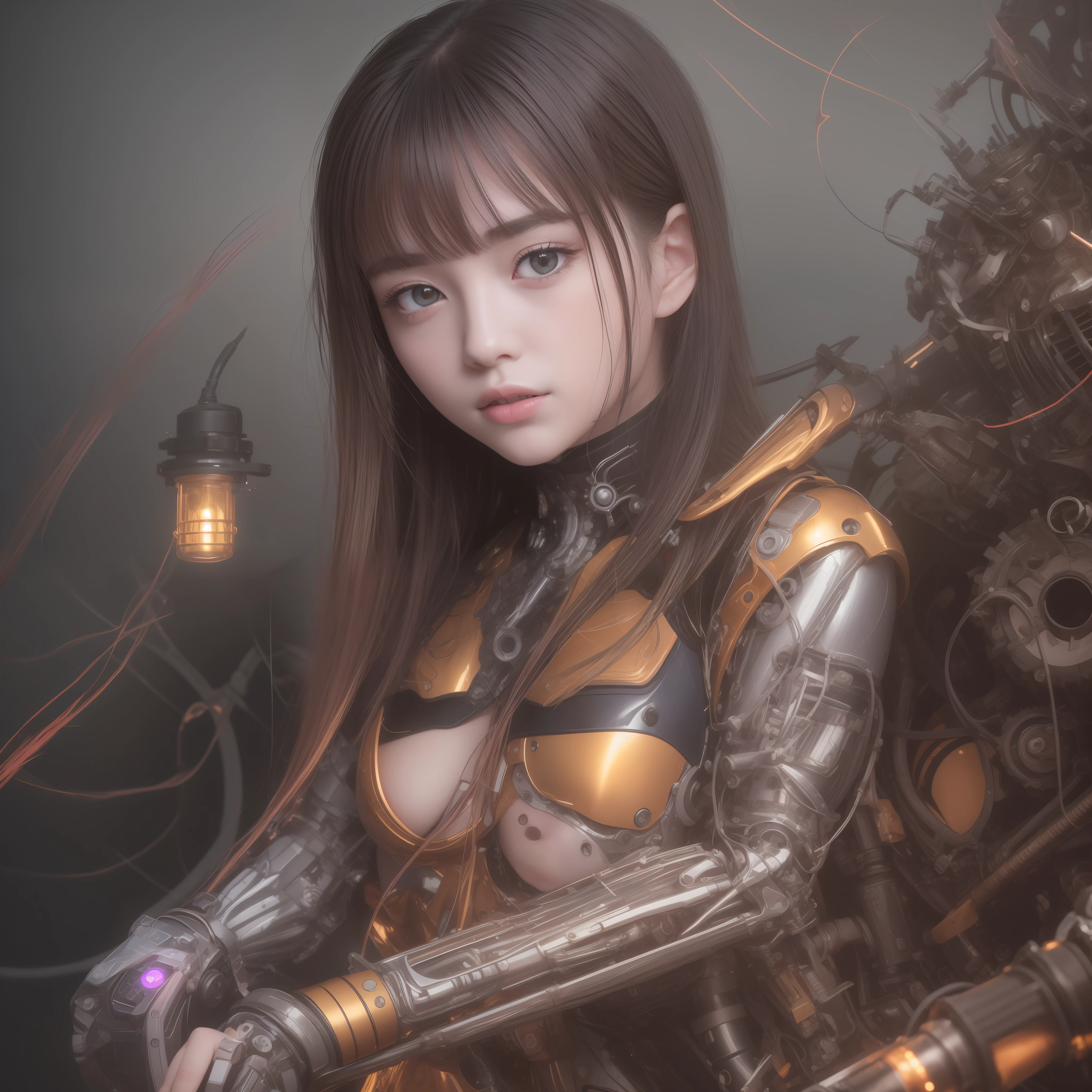 beste Quality、masterspiece、ultra-highres、(photorealestic:1.4)、Raw photo、女の子1人、Black hair、glowy skin、1 Mechanical Girl、((ultra realistic details))、portlate、Global Illumination、Shadow、Rendu octane、8K、ultrasharp、Giant tits、Raw skin is exposed in cleavage、metals、Details of complex ornaments、Gundam details、Matsumoto Meter、vacuum tubes、Nixie Kan、Oil pressure gauge、Glass Kan、Analog Meter、cogs、gear、Golden hydraulic cylinder、high intricate details、Realistic light、CGSoation Trends、violet colored eyes、shinning eyes、Facing the camera、neon details、Mechanical limbs、blood vessels connected to tubes、Mechanical vertebrae attached to the back、mechanical cervical attaching to neck、sitting on、Wires and cables connecting to the head、Gundam、Small LED lamp、Luminous tube、