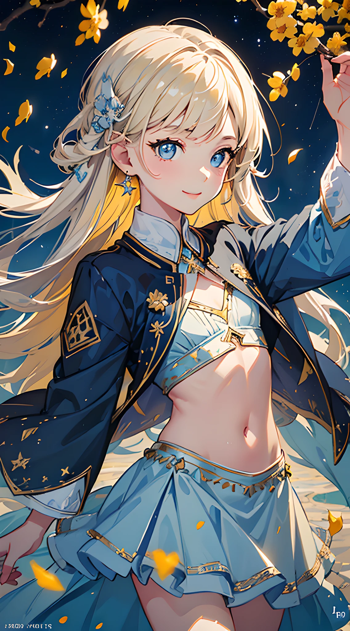 (masterpiece, best quality:1.6), official art, key visual, 8k, absurdres, yellow and light blue theme, (dynamic angle:1.4), smile, mini skirt, blonde hair, (yellow small petals, hundred small petals, flutting small petals:1.5), (starry night sky, confetti background:1.5), (yellow flowers0.5), ethereal glow, arch back, navel, thighs, close up face, cowboy shot, perspective, depth of field, HDR, sharp focus, highres, photography, realistic, highest detailed, extreme detailed, ultra detailed, finely detail, detailed eyes and face, sharp pupils, realistic pupils, (light blue and white idol costume:1.4)