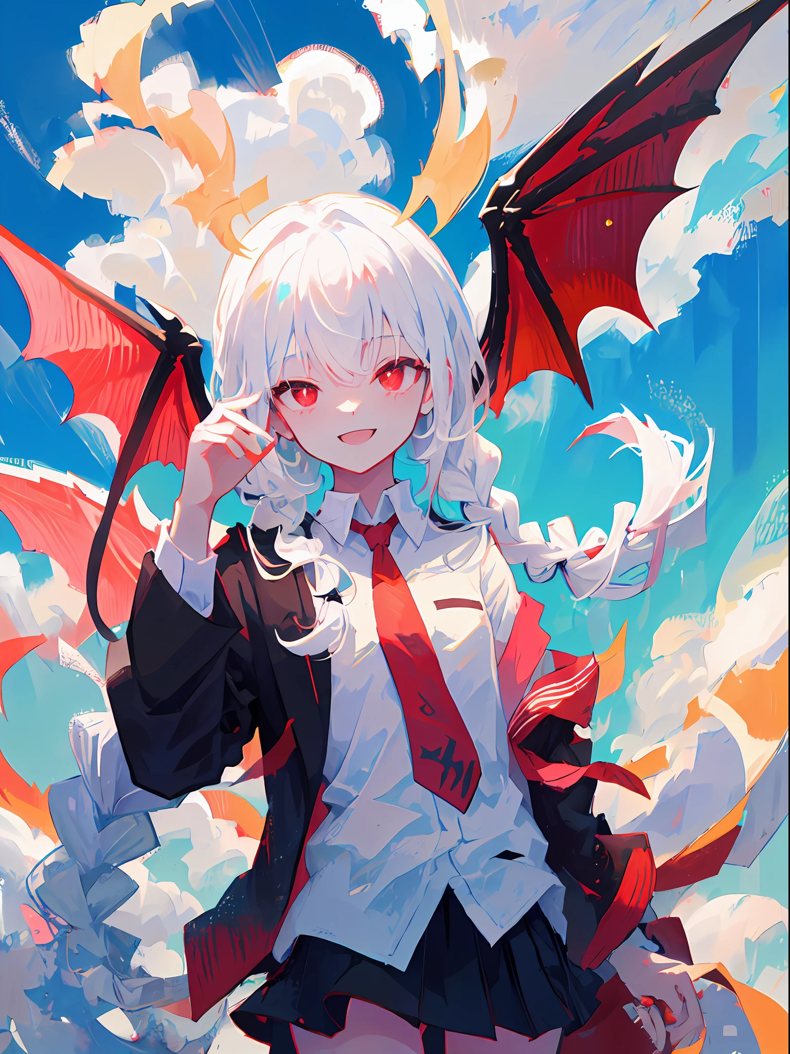 1girl, Red eyes、Sharp eye light、red necktie、Black jacket、White shirt、Black miniskirt、Student uniforms、Sorrisos、White hair、Braids、Dragon Wings、Dragon's horn、Dragon's tail、Naturally、blue skies、white clouds、Mystical light, upper body, angle from above