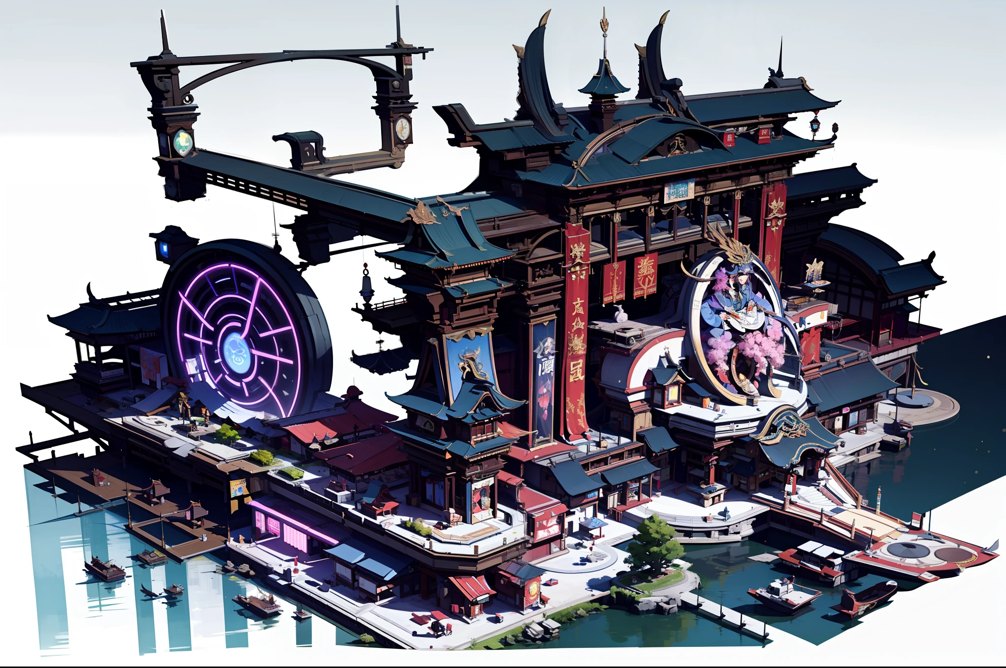 Game Academy，Ethno-style architecture，Ancient Chinese，game icons，（Future science fiction，neon lit，The cyberpunk，Hologram aura、Particle effects），Structurally sound、high-definition details，perfect works，White background，（杰作，premier quality，best qualitiy，officlal art，Beauty and aesthetics：1.2），（8K，best qualitiy，杰作：1.2）