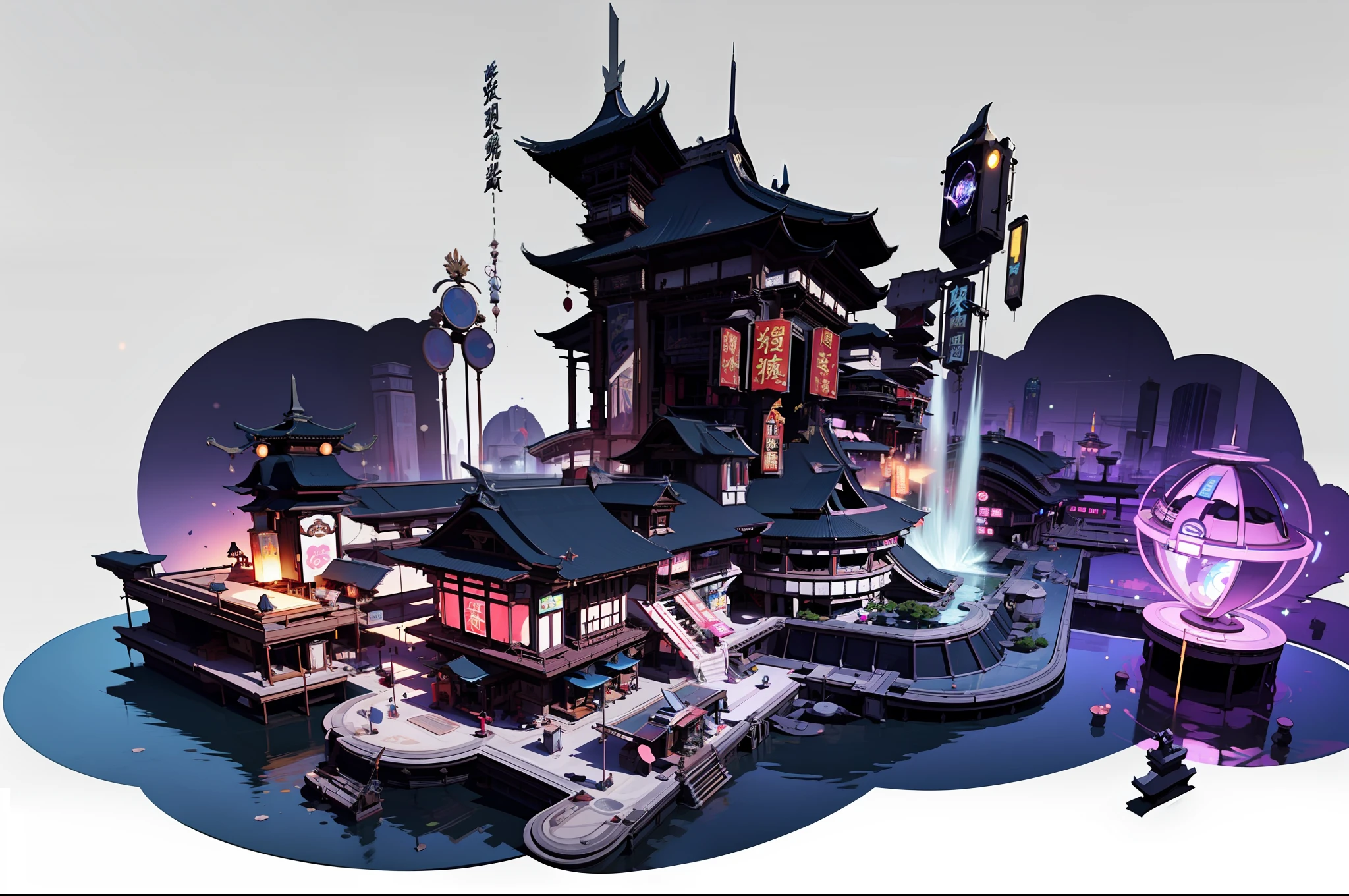 Game Academy，Ethno-style architecture，Ancient Chinese，game icons，（Future science fiction，neon lit，The cyberpunk，Hologram aura、Particle effects），Structurally sound、high-definition details，perfect works，White background，（杰作，premier quality，best qualitiy，officlal art，Beauty and aesthetics：1.2），（8K，best qualitiy，杰作：1.2）