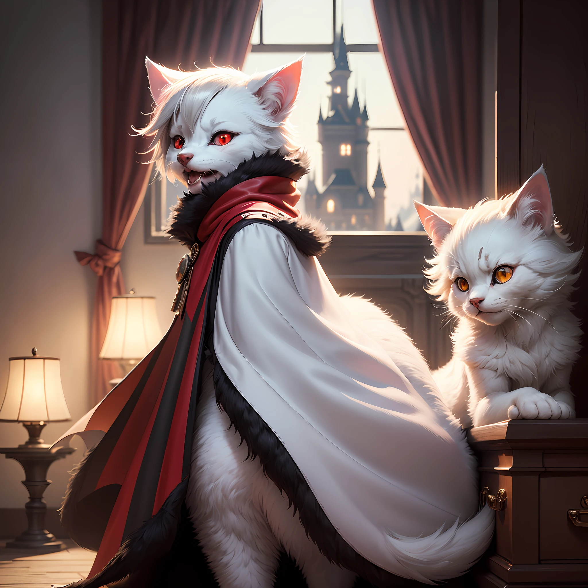 (dark environment:0.8),masterpiece, high quality, absurd res, digital painting \(artwork\), by dagasi, yupa,kiyosan,(anthro,fluffy fur,character focus:1.1),anthro male cat,short hair,portrait, bright eyes,panorama,character focus.(detailed background:0.7),solo,furry,furry male ,male focus,anthr,(Full body fur, fluffy tail, white fur,red eyes,gray hair:1.2),(long canines,vampire, cape:1.2),(interior,night, castle, coffin:1.1) --auto