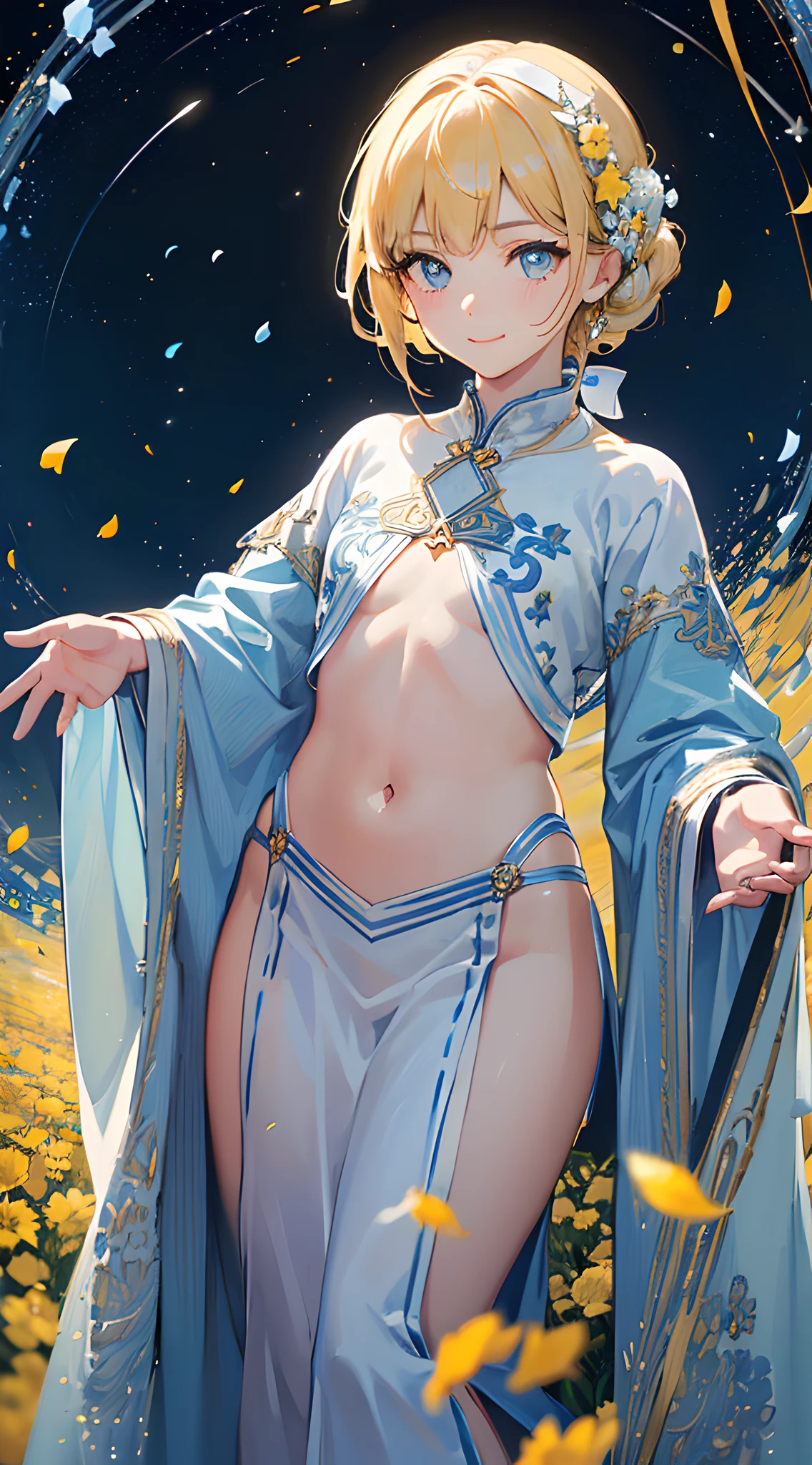 (masterpiece, best quality:1.6), official art, key visual, 8k, absurdres, yellow and light blue theme, (dynamic angle:1.4), smile, mini skirt, blonde hair, (yellow small petals, hundred small petals, flutting small petals:1.5), (starry night sky, confetti background:1.5), (yellow flowers0.5), ethereal glow, arch back, navel, thighs, close up face, cowboy shot, perspective, depth of field, HDR, sharp focus, highres, photography, realistic, highest detailed, extreme detailed, ultra detailed, finely detail, detailed eyes and face, sharp pupils, realistic pupils, (light blue and white idol costume:1.4)