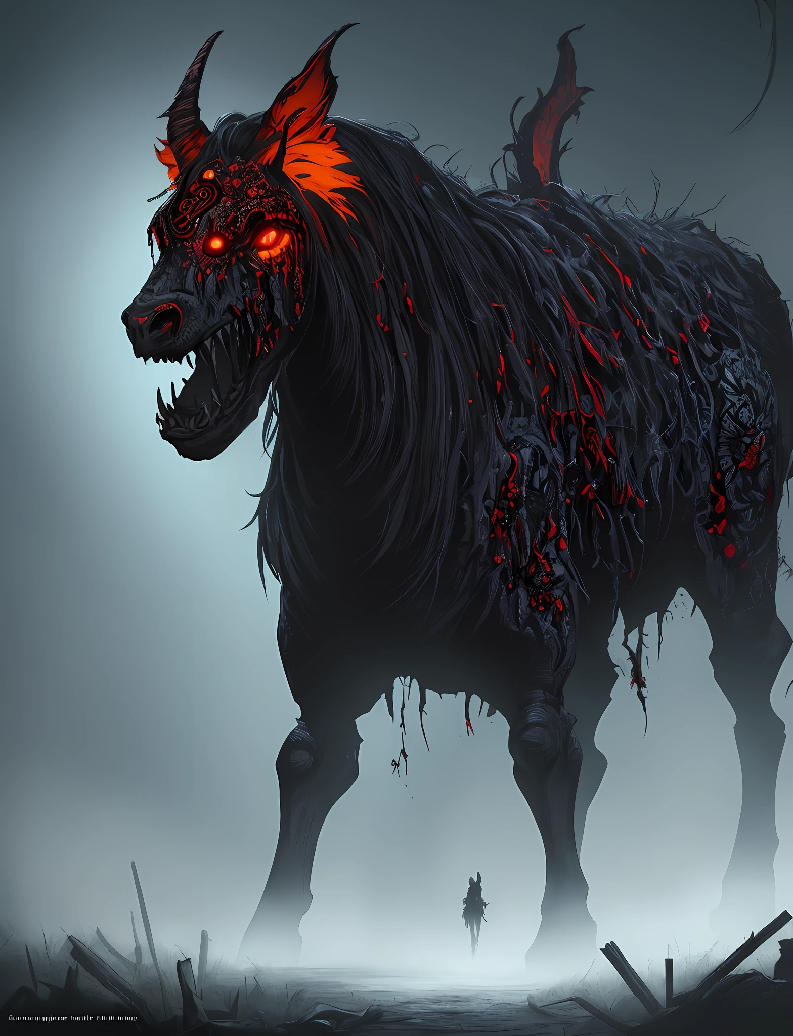Horrifying dark art, portrait full body painting of a (steed of the void), ultra realistic, concept art, intricate details, eerie, highly detailed, photorealistic, octane render, 8 k, unreal engine. art by artgerm and greg rutkowski and alphonse mucha, filipe pagliuso and justin gerard, fantasy, highly detailed, realistic, intricate, glowing eyes, the void, terrifying darkness, absolute nothingness, by keith thompson and neil blevins, digital horror artwork, 8k zombie halloween theme