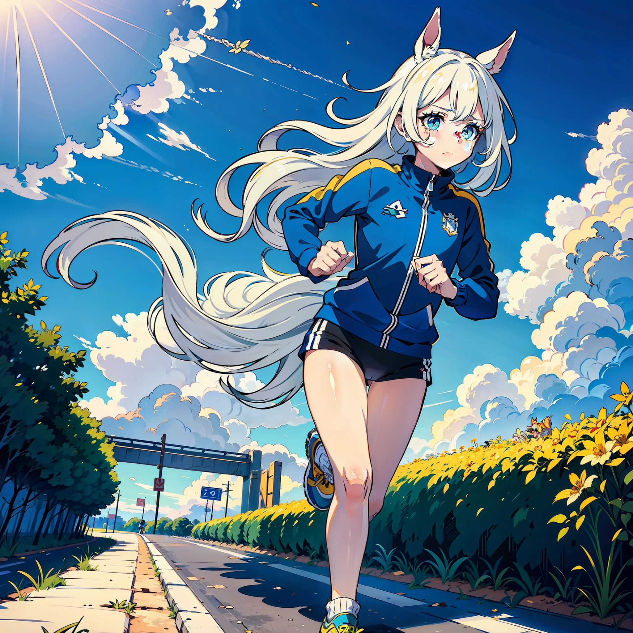 A horse-eared girl with long yellow and white hair, with a confused face, is wearing blue and white sportswear.shy nervous scared confused，Running on the road, with blue sky and white clouds behind.
