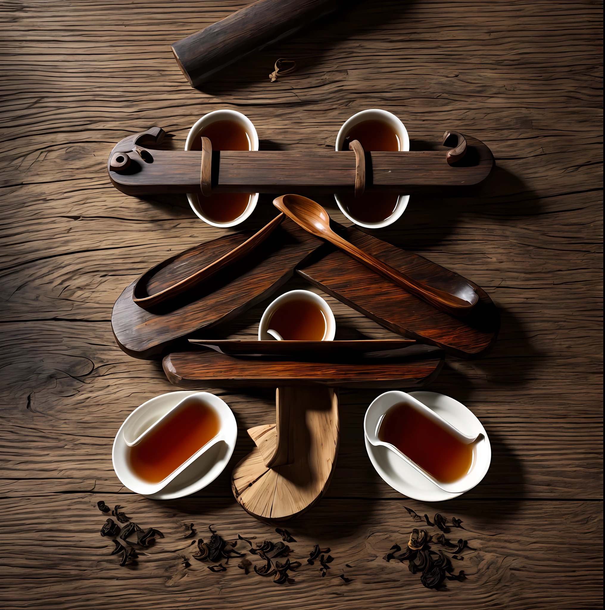 杰作，Highest quality，high-definition，8K，Tea words，Chinese tea，There was a bowl of hot tea on the wooden table，Braving hot，Peaceful and rustic farmhouse