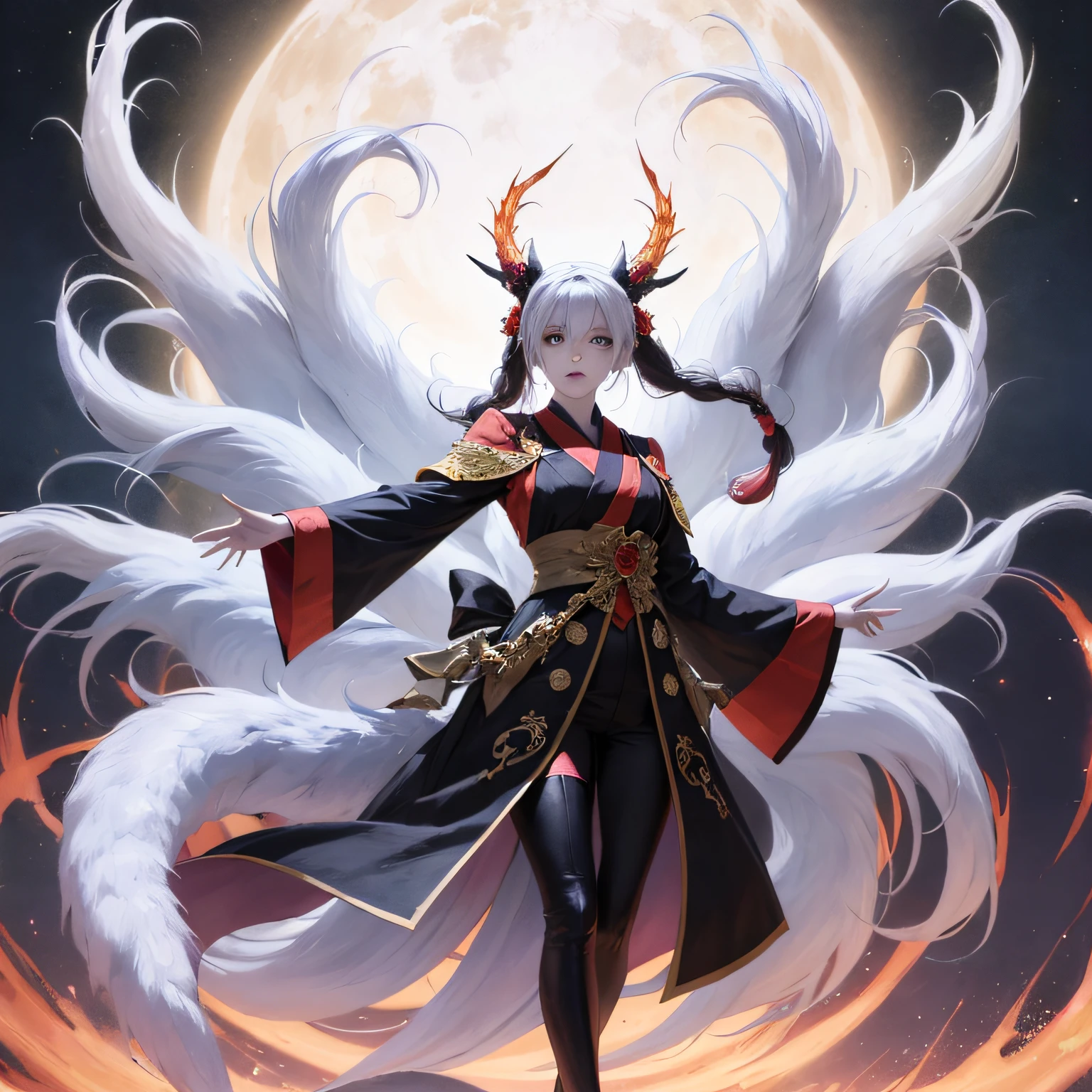 A woman stands in front of the nine-tailed fox、mystical、horror、 --auto