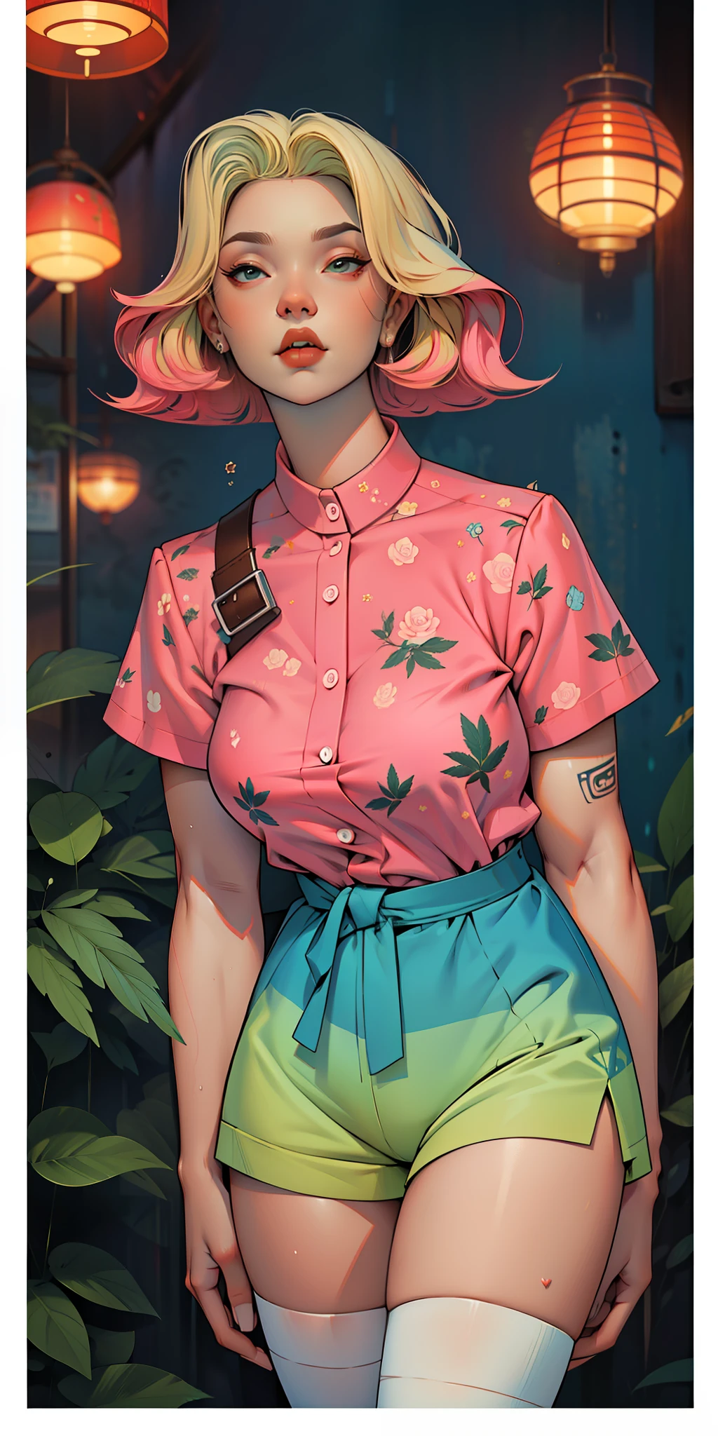 Background, In chic boho style, in a café, Ice cream print, multi-colored neon lights, neon garlands, rose hair, mixed-language_SMS, Japanese graffiti, (beautiful and clear background:1.2),, fantastic paintings ,graffit style, olhos altamente detalhados , Underwear, lace, latex, blonde girl, cannabis print, tattoo, Loving, Love, ultra detailed hair, Masterpiece, Best Quality, hig quality, high-resolution, detail enhancement, ((most beautiful image in the world)), Masterpiece, Best Quality, hig quality, high-resolution, detail enhancement, ((most beautiful image ), Shiny pink degrade hair, ultra short fitted Stampa Flores, Rollers, tights in a mesh,ripped short shorts, art by stjepan sejic, art by j scott campbell, art by guillem march, art by citemer liu, 4k, high-resolution, comic book character, comic, high quality detailed, style of ::2.0 comix illustration style,tatoon style, hig quality, high-resolution, detail enhancement, 8K, HD, Best Quality, hig quality, high-resolution, detail enhancement, 8K, HDR, Sharp focus, Ultra Detailed, Perfect lighting, Curvy Body, Lush breasts, Curvy hips