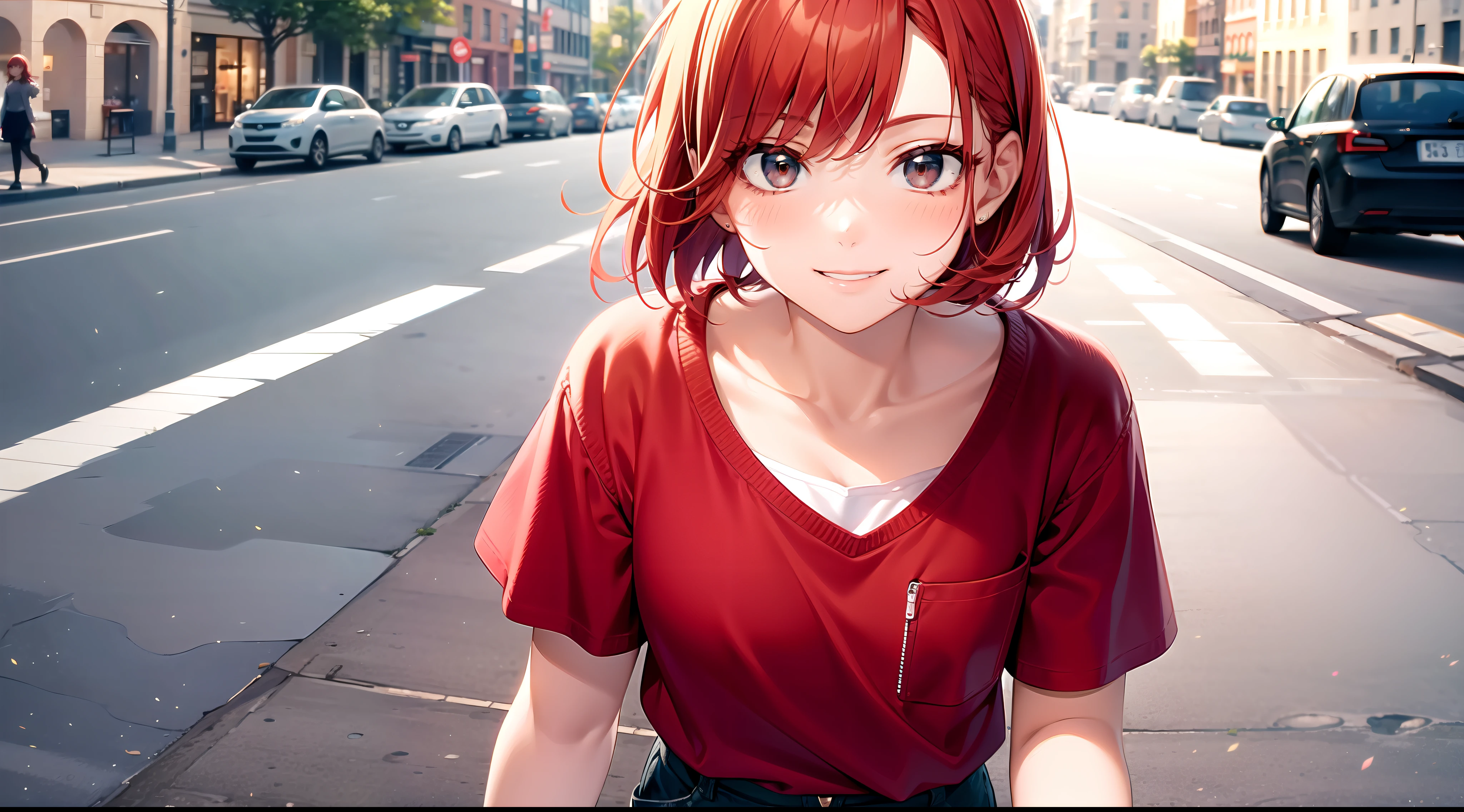 cute girl walk on street, red short hair, smile, high quality, masterpiece