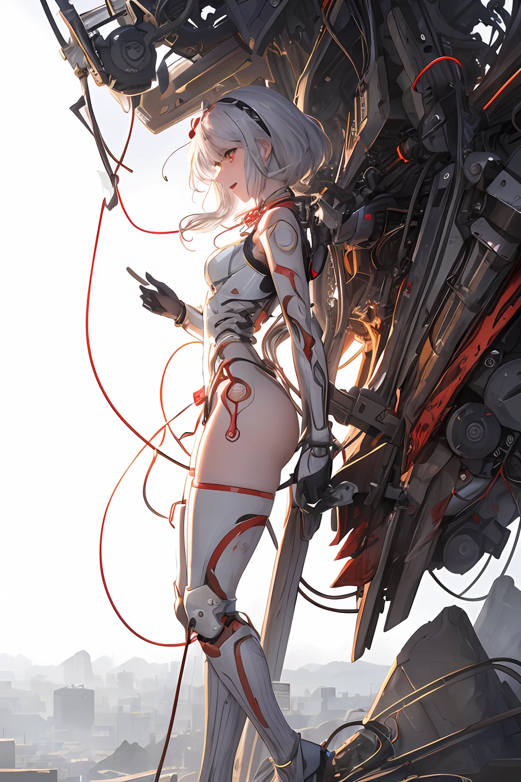 ((((masterpiece))), ((best quality))), ((ultra-detailed)), (CG illustration), ((an extremely delicate and beautiful)),(from side),cinematic light, ((1 mechanical girl)), single, full-body, (machine-made joint: 1.2), ( (mechanical limbs)), (blood vessels connected to tubes), (mechanical spine connected to back), ((mechanical cervical vertebrae attached to neck)), (sitting), forced laughter, (wires and cables around the neck: 1.2), (wires and cables on the head: 1.2) (character focus), sci-fi, extremely thin, colored, the finest white hair, red eyes, in battle, (knotted), (killing), (1 immortal)