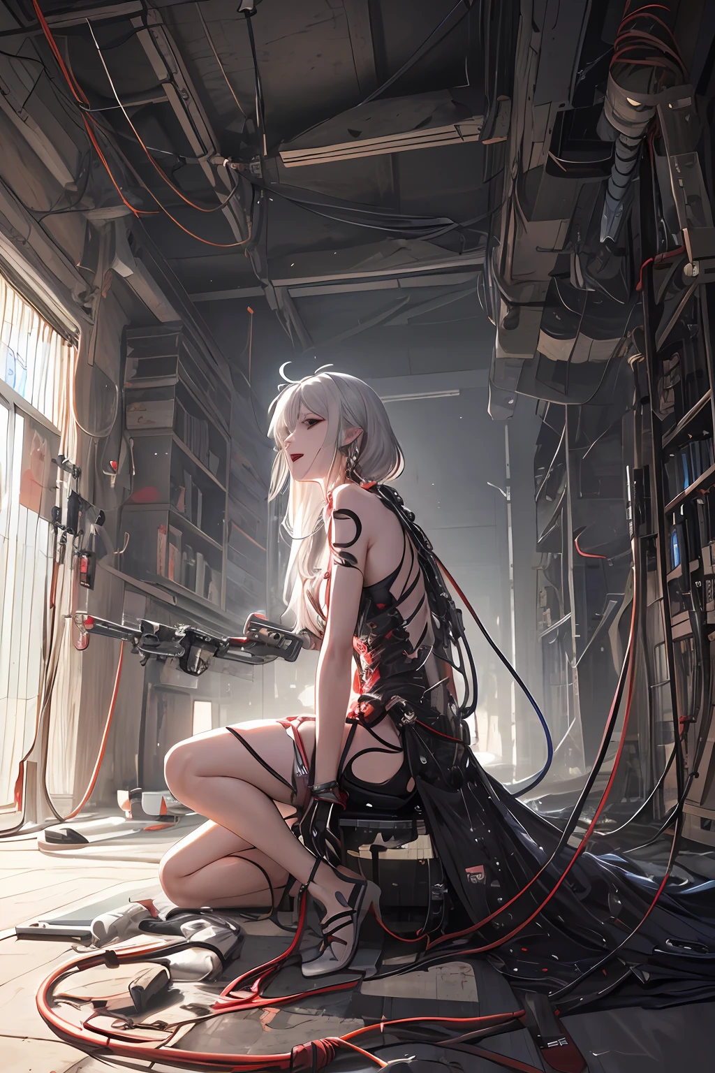 ((((masterpiece))), ((best quality))), ((ultra-detailed)), (CG illustration), ((an extremely delicate and beautiful)),(from side),cinematic light, ((1 mechanical girl)), single, full-body, (machine-made joint: 1.2), ( (mechanical limbs)), (blood vessels connected to tubes), (mechanical spine connected to back), ((mechanical cervical vertebrae attached to neck)), (sitting), forced laughter, (wires and cables around the neck: 1.2), (wires and cables on the head: 1.2) (character focus), sci-fi, extremely thin, colored, the finest white hair, red eyes, in battle, (knotted), (killing), (1 immortal)