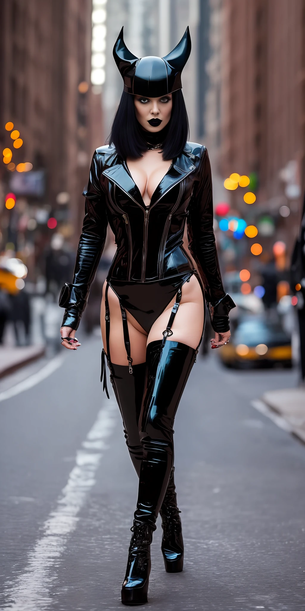 Award-winning shot of Betty page  as a new-goth gal, walking in New York city ((masterpiece)), with a latex costume, 8k, (high resolution:1.2), HDR, detailed background, explicit, classy pose, hyper-realistic photography, hyper-detailed  -imagine --auto --s2