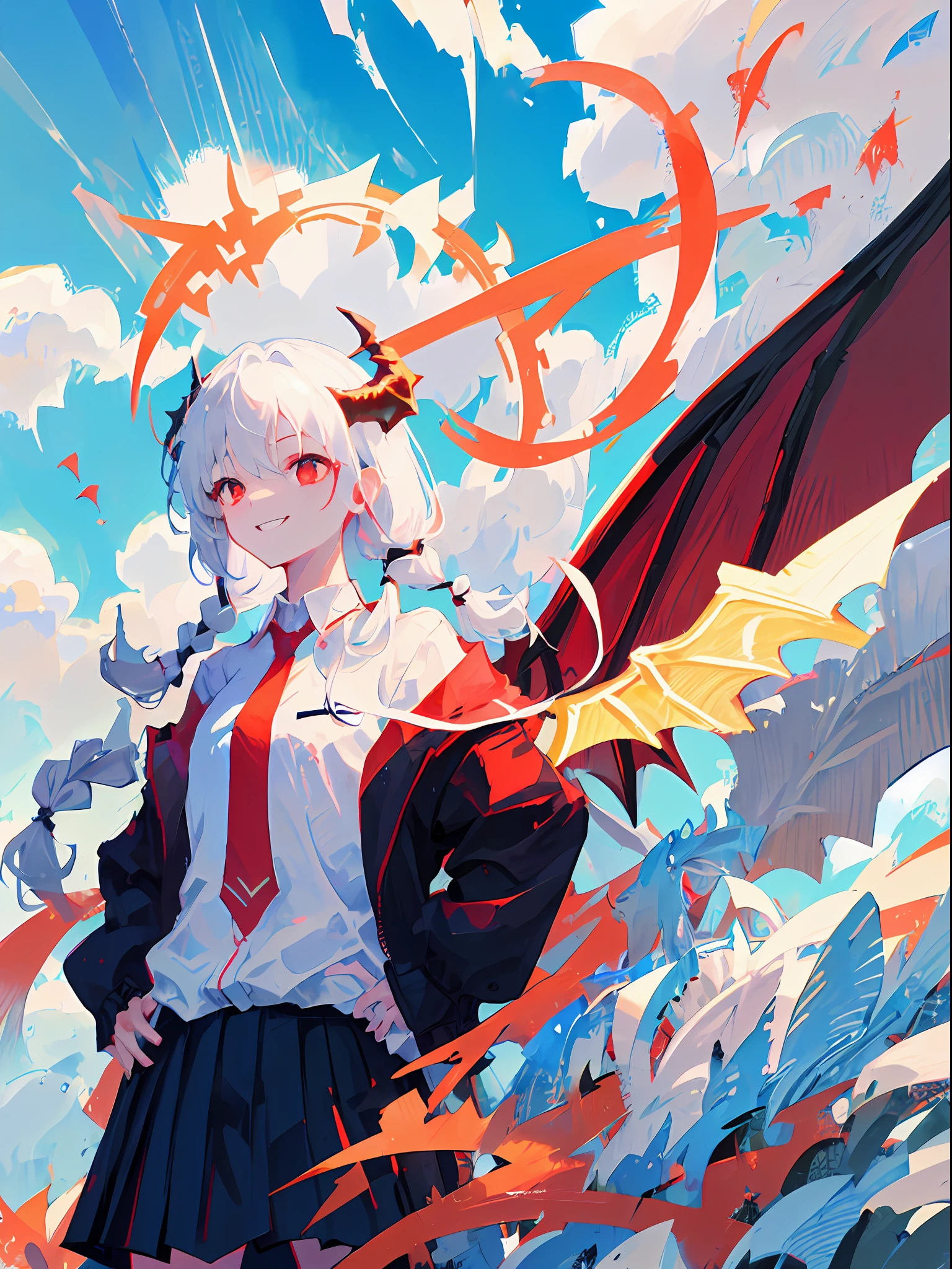 1girl, Red eyes、Sharp eye light、red necktie、Black jacket、White shirt、Black miniskirt、Student uniforms、Sorrisos、White hair、Braids、Dragon Wings、Dragon's horn、Dragon's tail、Naturally、blue skies、white clouds、Mystical light, upper body, angle from above