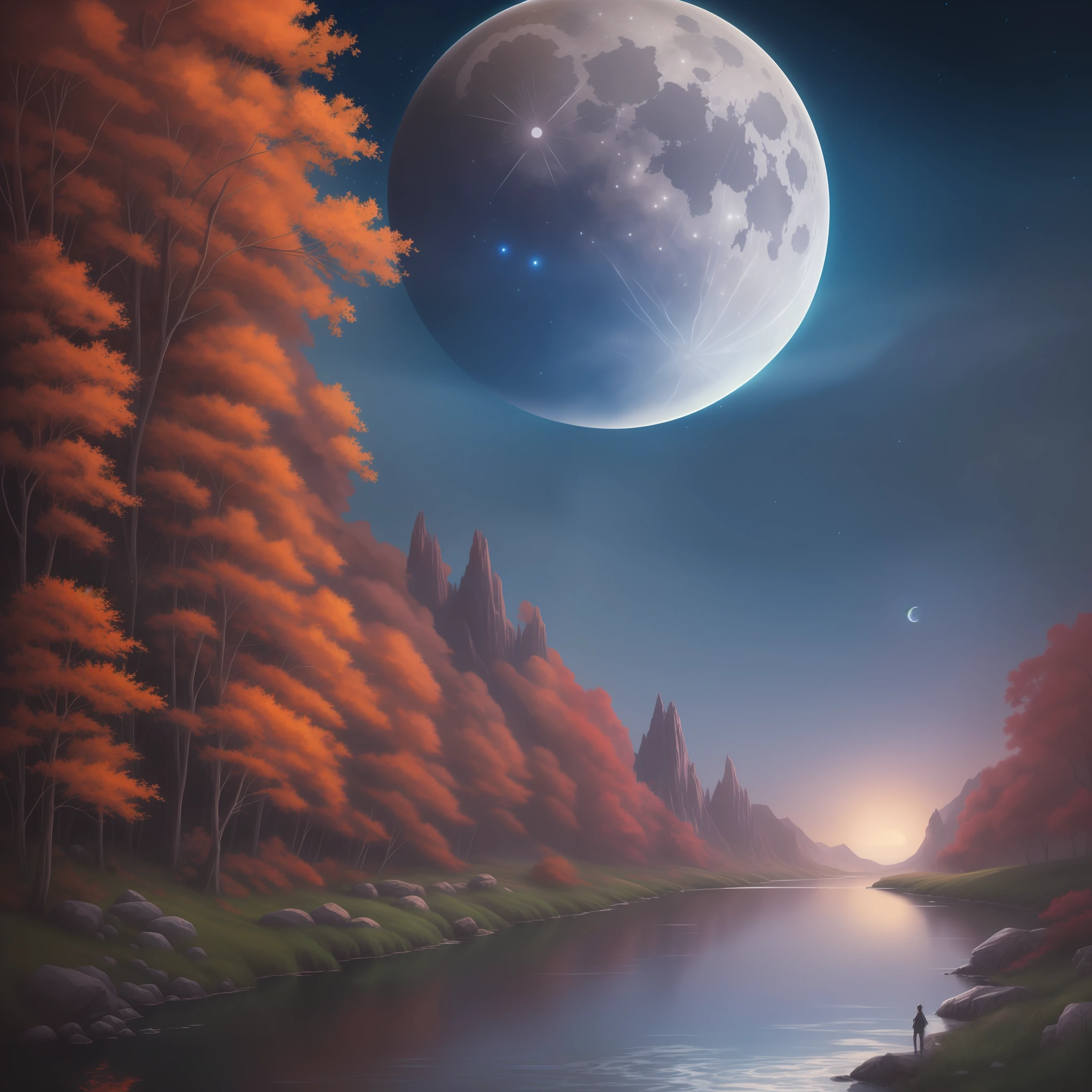 A painting of a river with stars and moon in the sky, concept art inspired by Tosa Mitsuoki, pixiv contest winner, best quality, fantasy art, beautiful anime scene, a bright moon, moonlit starry environment, dream painting, Anime Background Art, Fantasy Landscape Art, Fantasy Night, Anime Background, Background Artwork, Fantastic Art, Atmospheric Anime, Starry Sky, Detail Enhanced.