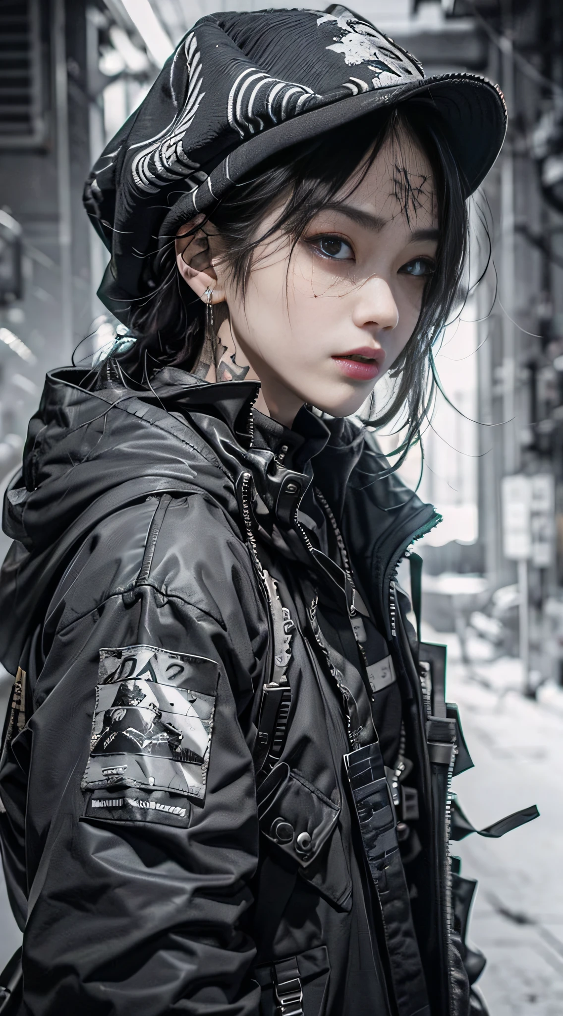 (品质最佳, 巨作)OriginalPhotographs,Fisheyes(rapper with dread hair, tattooed,mechanic arms)techwear jacket,Hood,scrolls,black and white clothes,Very detailed,Cinematic,Glow,ultrasharp,Particle