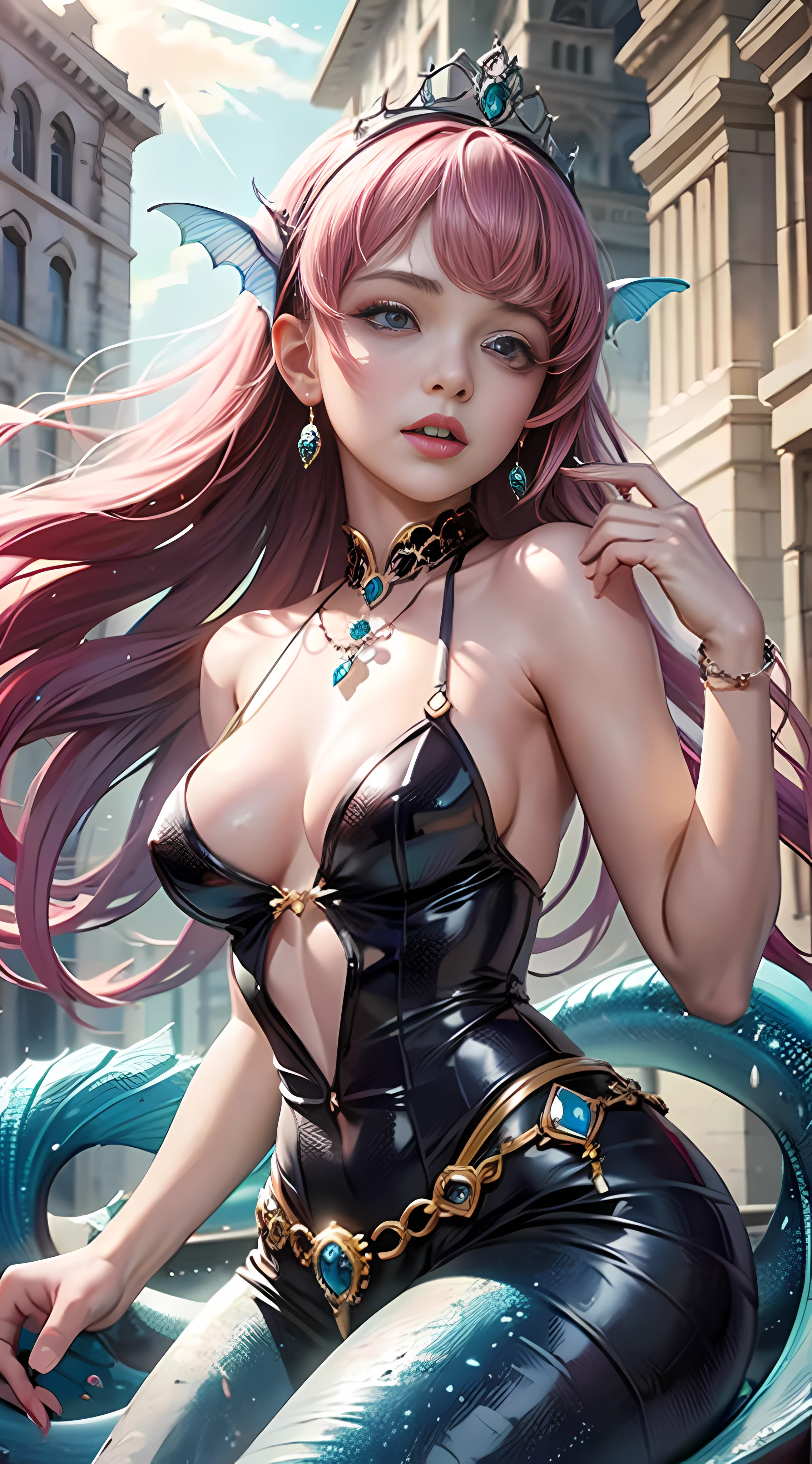 super alta qualidade，8K，Mermaids in the palace，The skin is fair，Long pink-purple hair，Jewel Crown，sun is shining，Different actions，The clothing is simple