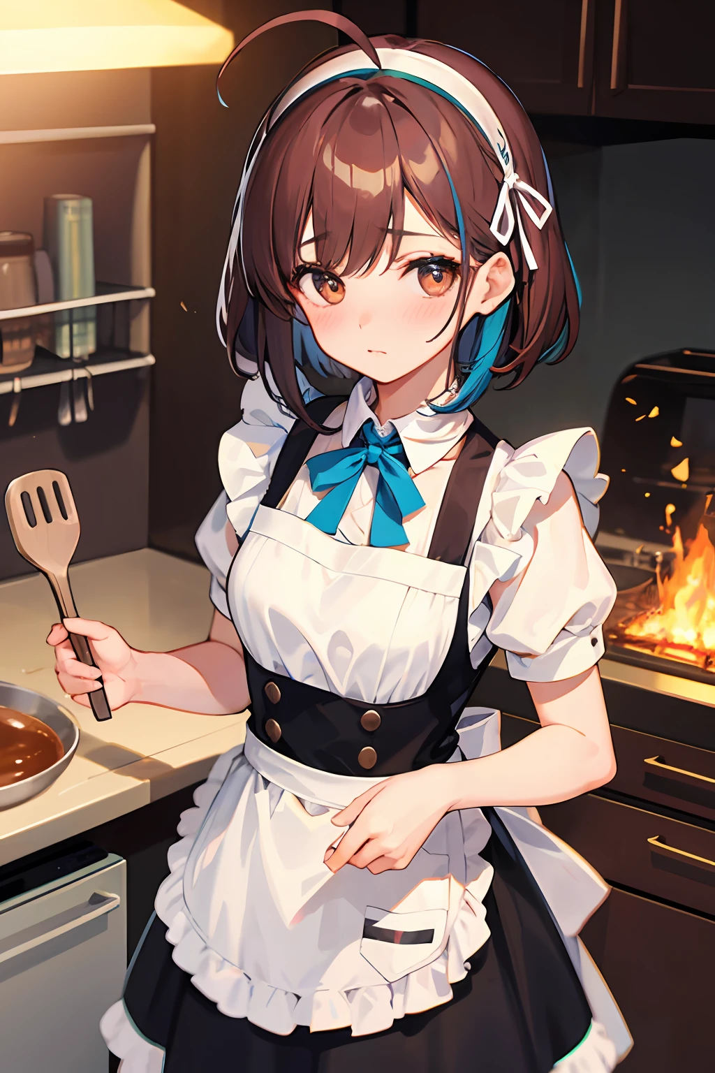 masterpiece, best quality, 1girl, takanashisora, blush, brown hair, ahoge, blue hair ribbon, hairband, maid outfit, looking at viewer, panic, messy kitchen, fire, kitchen background