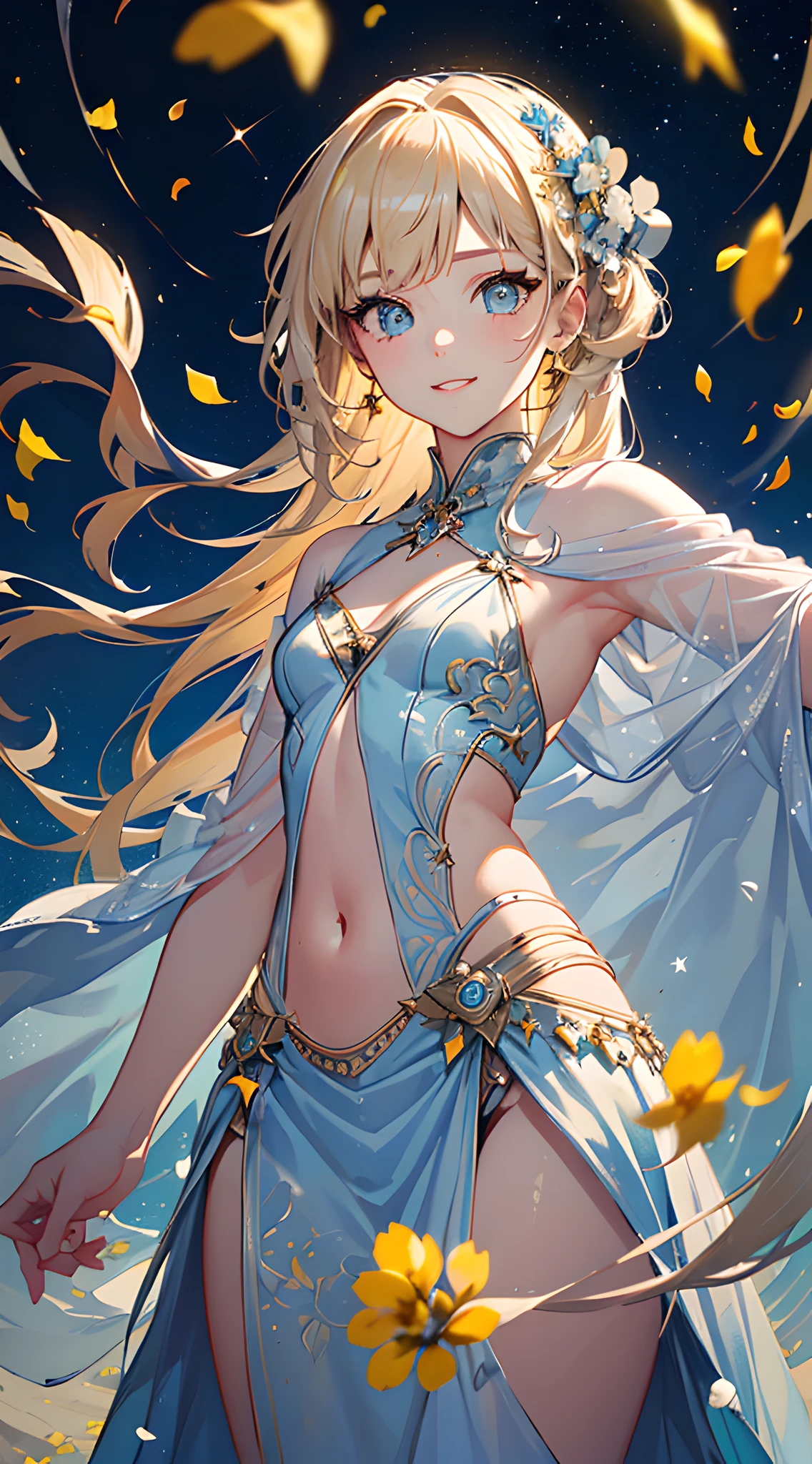 (masterpiece, best quality:1.6), official art, key visual, 8k, absurdres, yellow and light blue theme, (dynamic angle:1.4), smile, mini skirt, blonde hair, (yellow small petals, hundred small petals, flutting small petals:1.5), (starry night sky, confetti background:1.5), (yellow flowers0.5), ethereal glow, arch back, navel, thighs, close up face, cowboy shot, perspective, depth of field, HDR, sharp focus, highres, photography, realistic, highest detailed, extreme detailed, ultra detailed, finely detail, detailed eyes and face, sharp pupils, realistic pupils, (light blue and white idol costume:1.4)