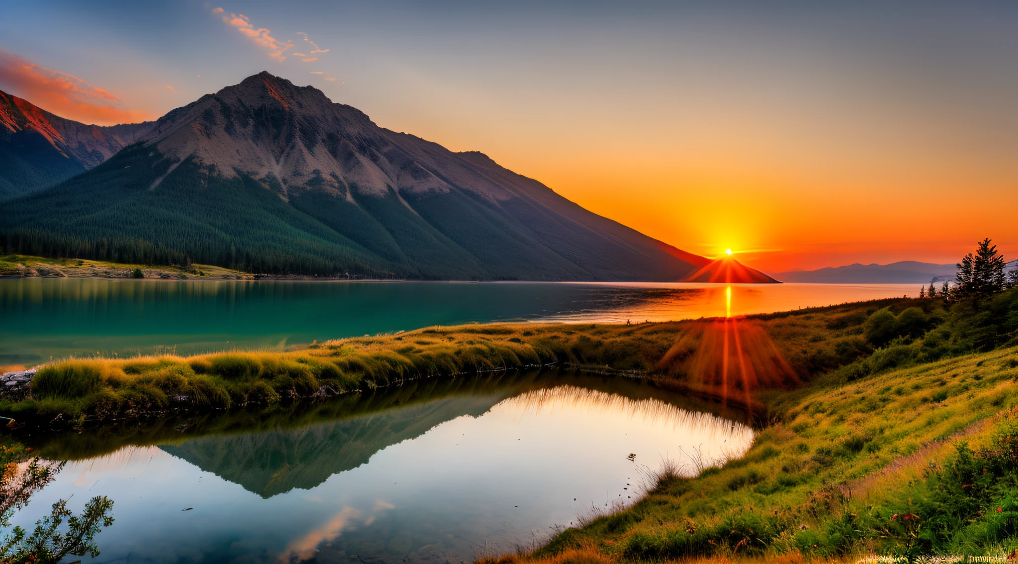 sunset on mountain, lake under montain