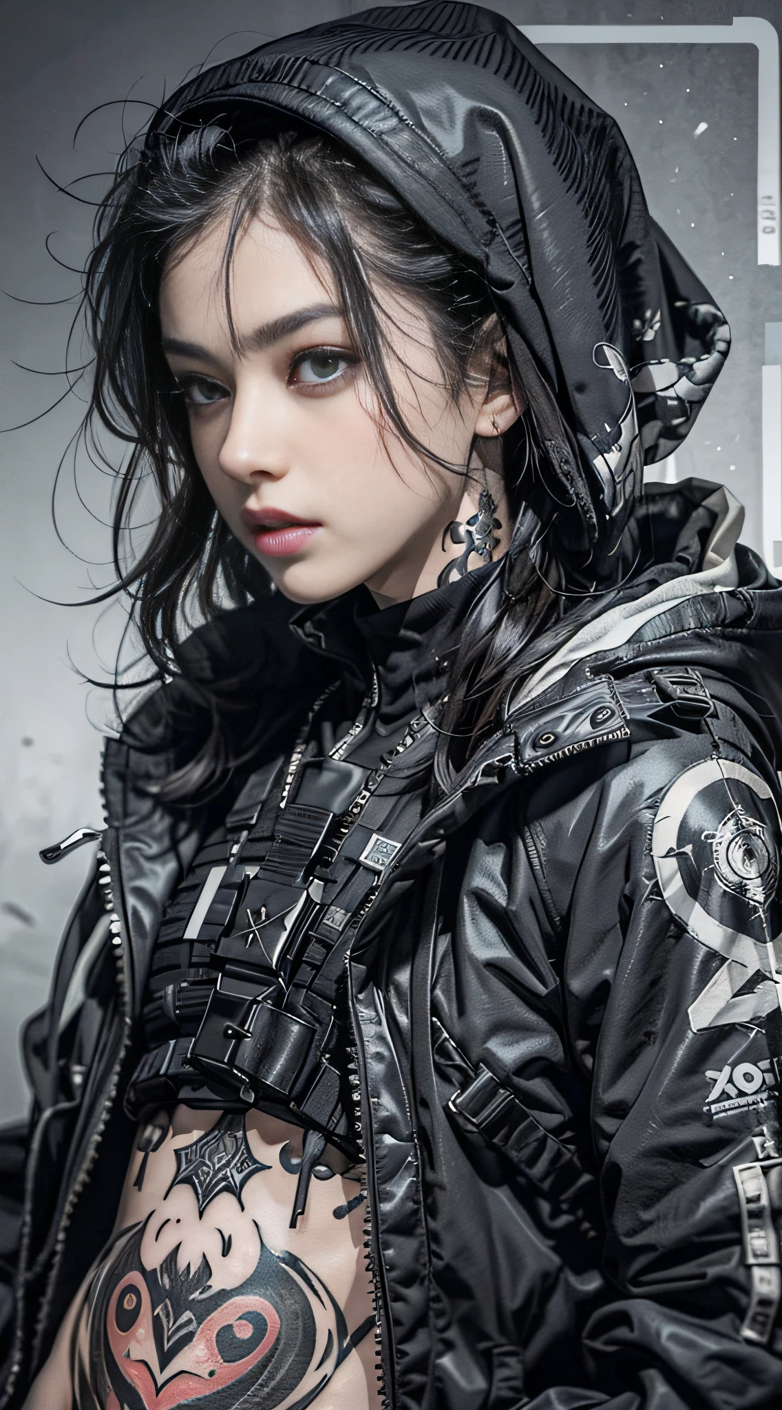 (品质最佳, 巨作)OriginalPhotographs,Fisheyes(rapper with dread hair, tattooed,mechanic arms)techwear jacket,Hood,scrolls,black and white clothes,Very detailed,Cinematic,Glow,ultrasharp,Particle