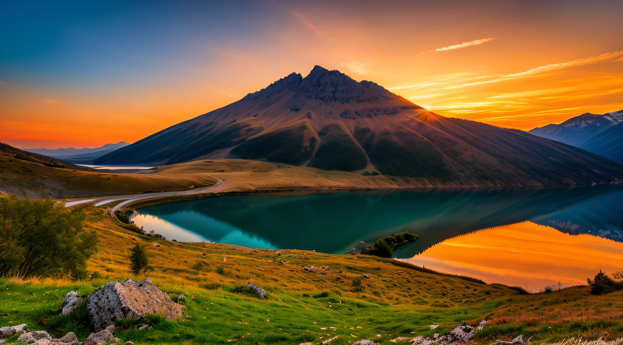 sunset on mountain, lake under montain