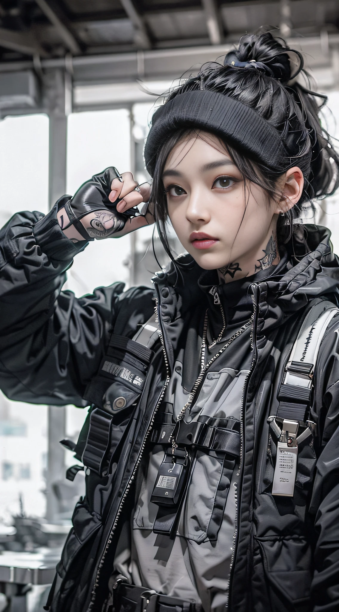 (品质最佳, 巨作)OriginalPhotographs,Fisheyes(rapper with dread hair, tattooed,mechanic arms)techwear jacket,Hood,scrolls,black and white clothes,Very detailed,Cinematic,Glow,ultrasharp,Particle