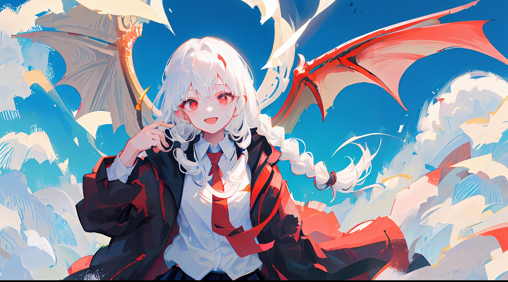 1girl, Red eyes、Sharp eye light、red necktie、Black jacket、White shirt、Black miniskirt、Student uniforms、Sorrisos、White hair、Braids、Dragon Wings、Dragon's horn、Dragon's tail、Naturally、blue skies、white clouds、Mystical light, upper body, angle from above